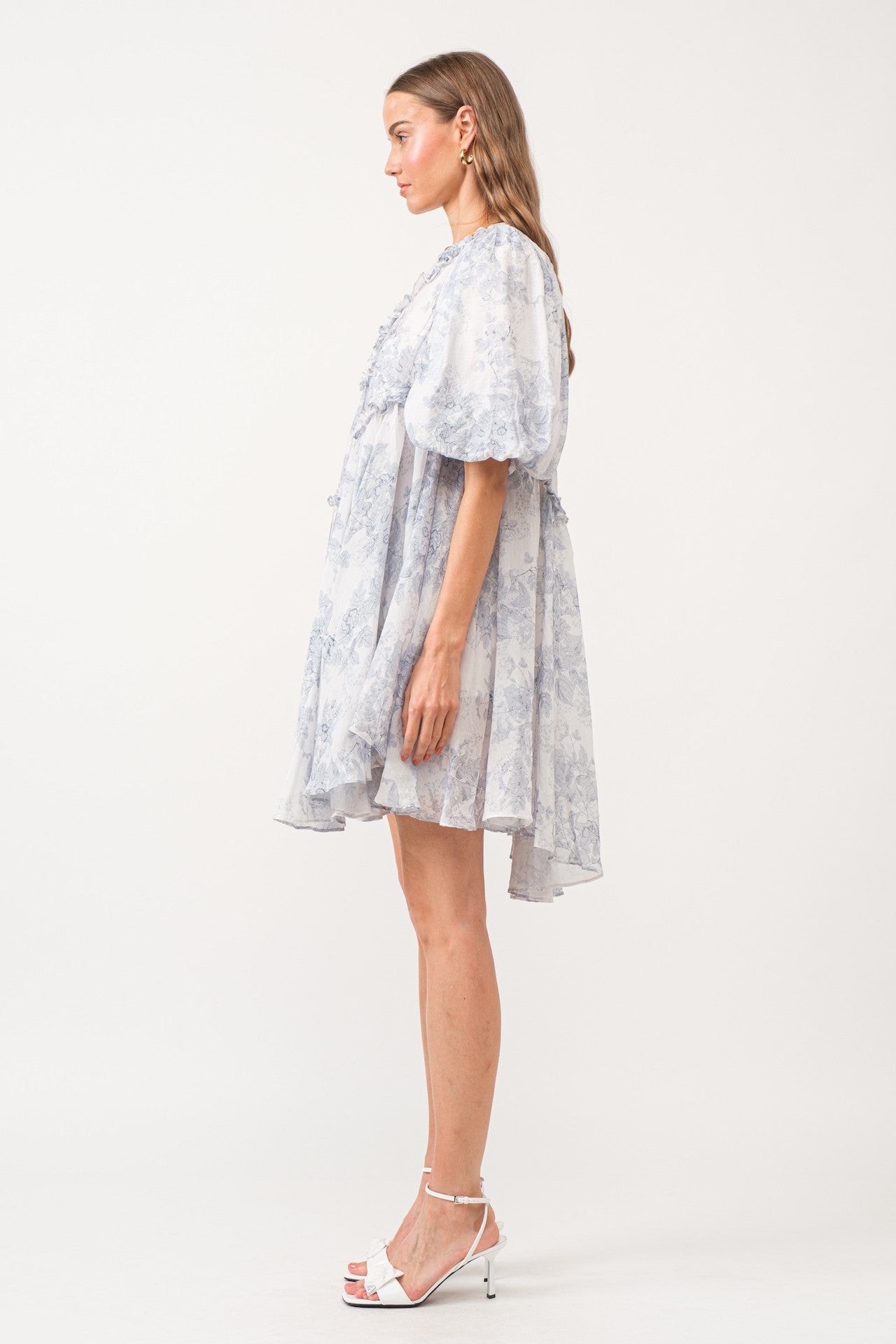 blue and white toile asymmetrical mini dress