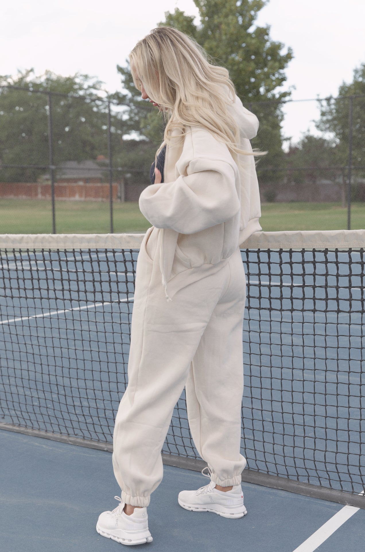 cream two piece hoodie sweatshirt and fleece sweatpants set