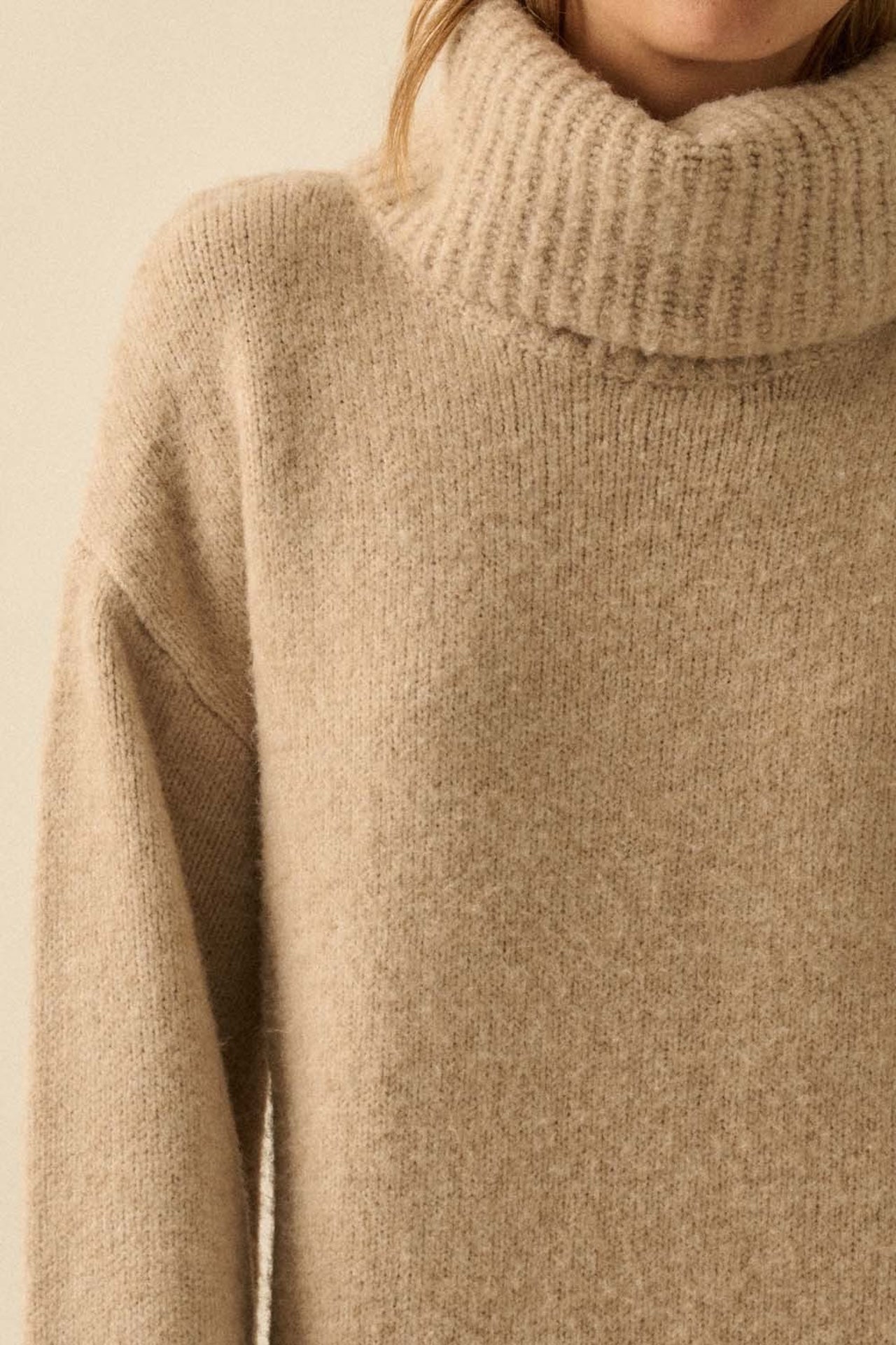Oversized Turtleneck Sweater Dress - Beige Knit