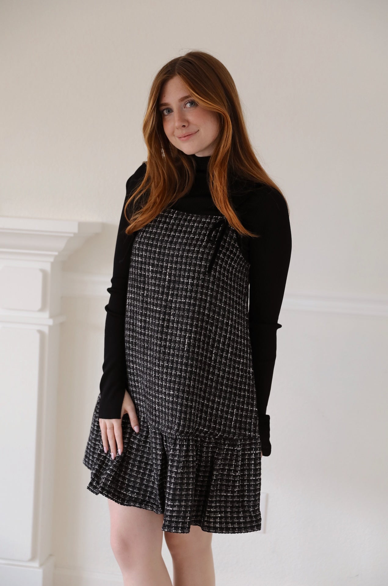 black and white tweed velvet spaghetti mini dress with velvet bow ties