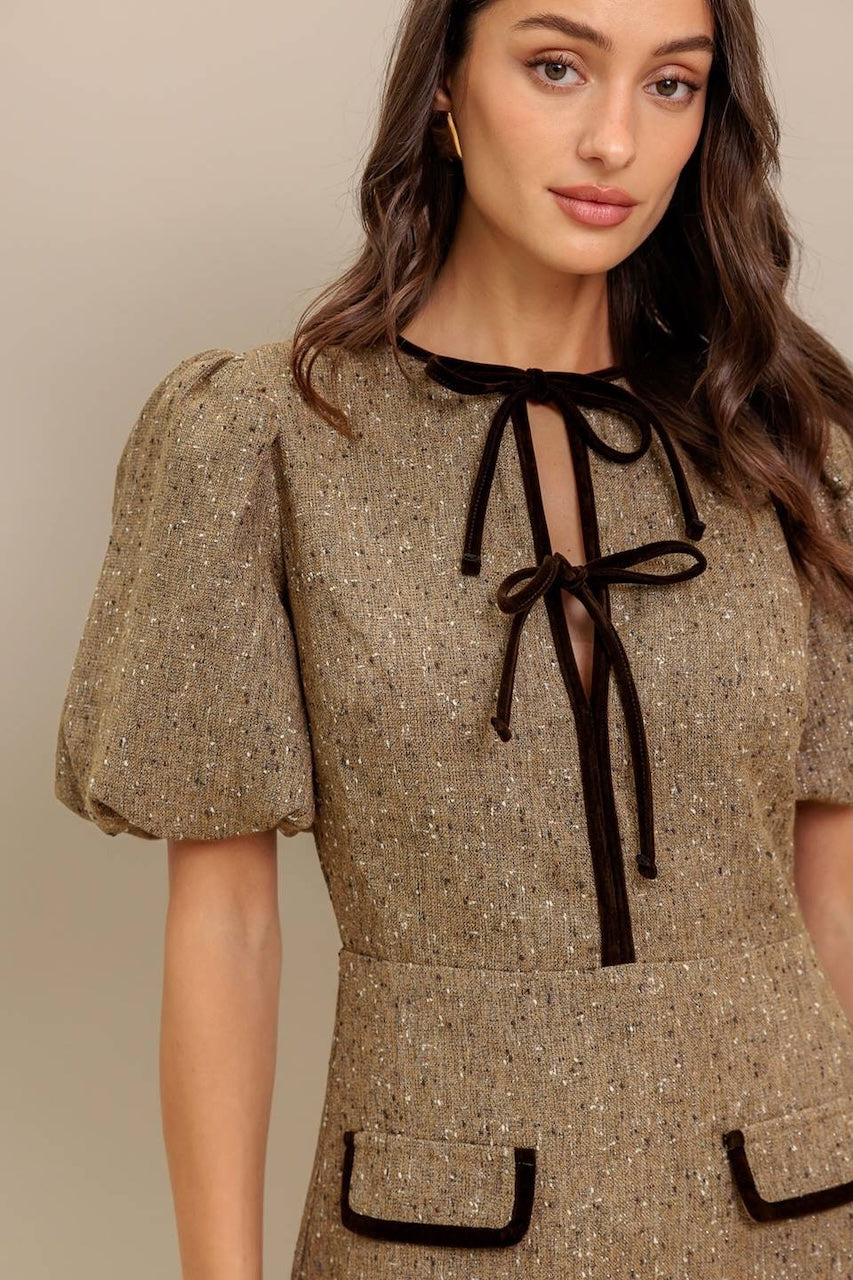 Brown Puff Sleeve Tweed Mini Dress