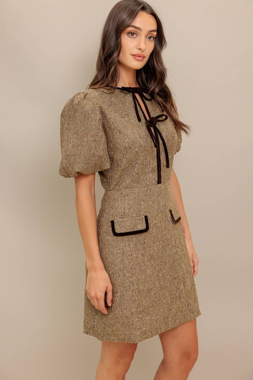 Brown Puff Sleeve Tweed Mini Dress
