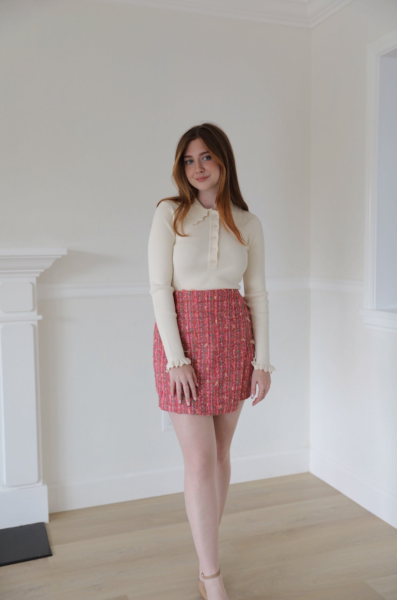 multicolor pink tweed mini skirt
