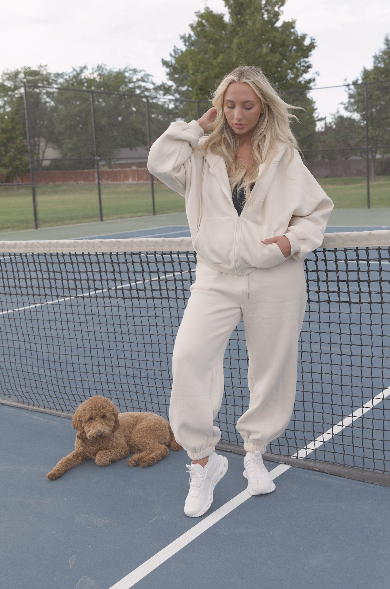 cream two piece hoodie sweatshirt and fleece sweatpants set
