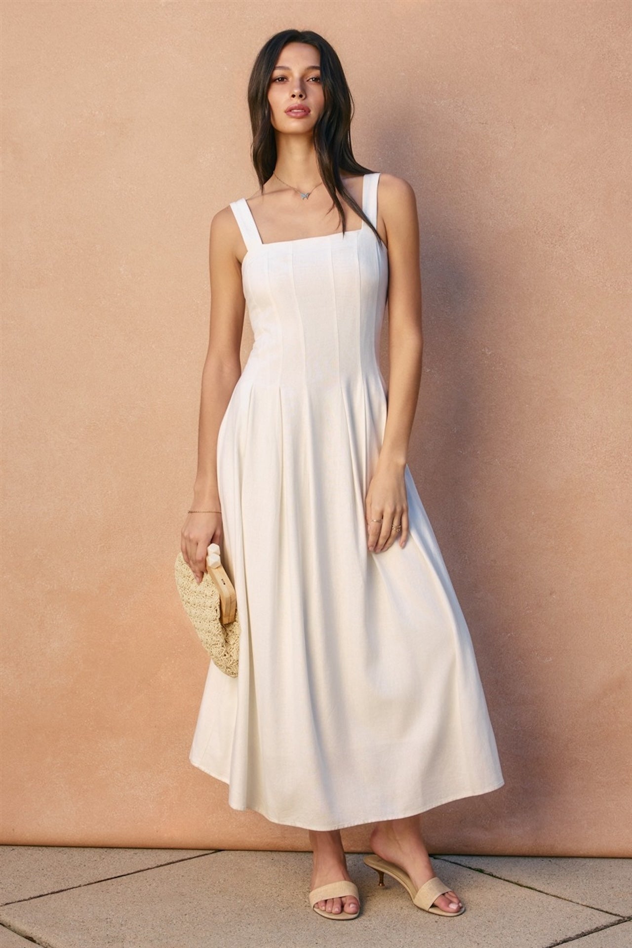 White Cotton Linen Blend Maxi Dress