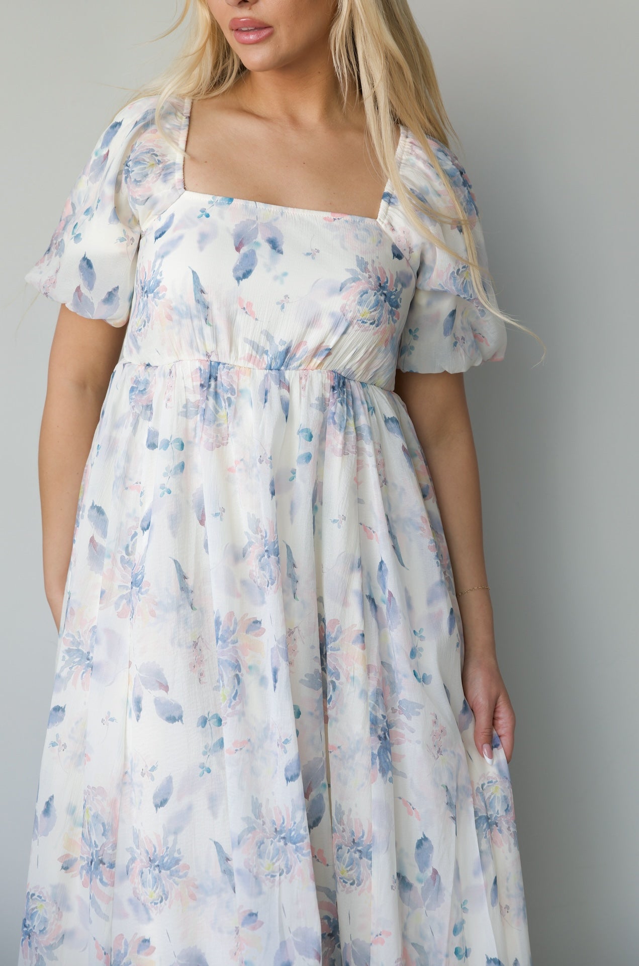 blue floral print square neck maxi dress