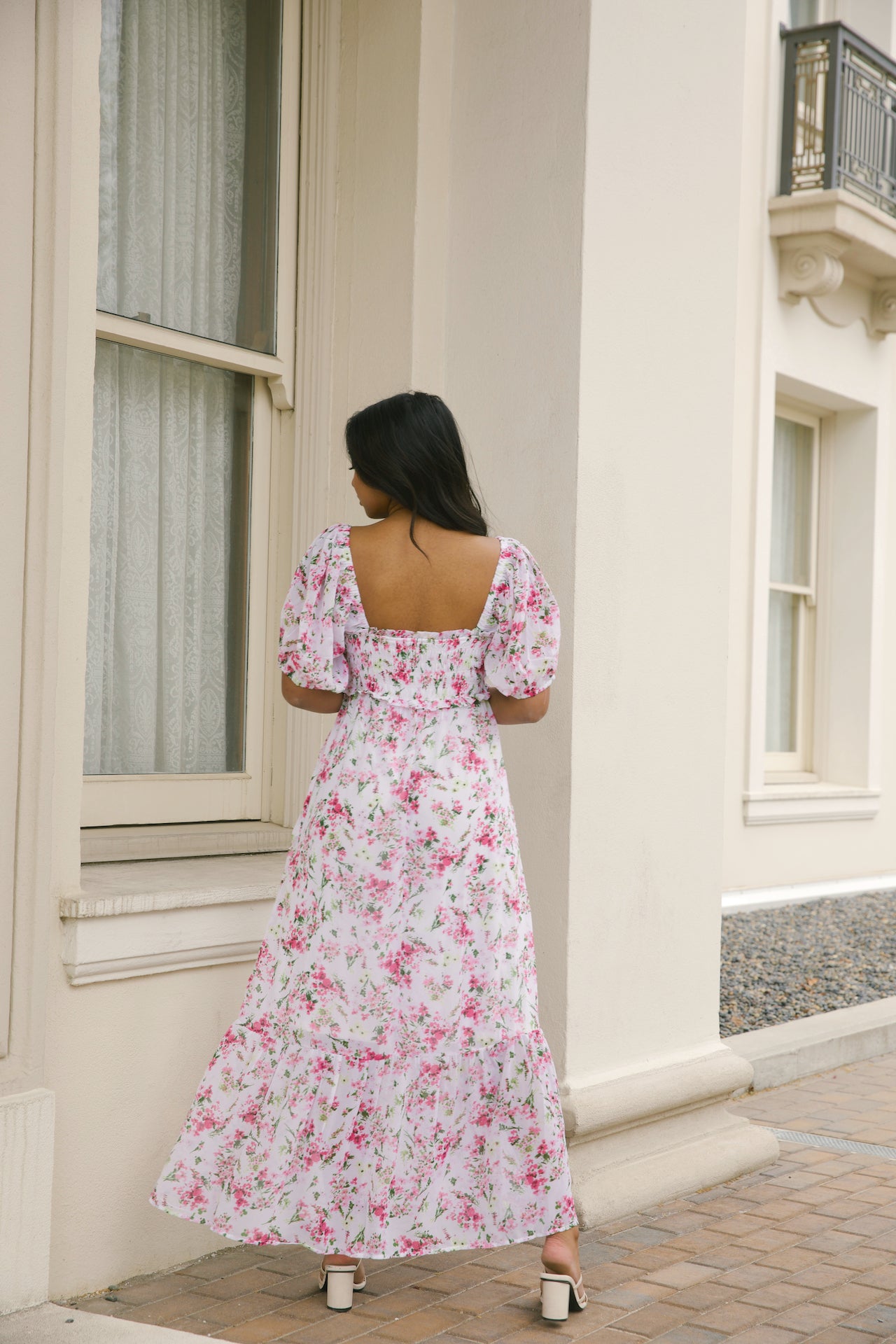 white and pink floral maxi dress with puff sleeves