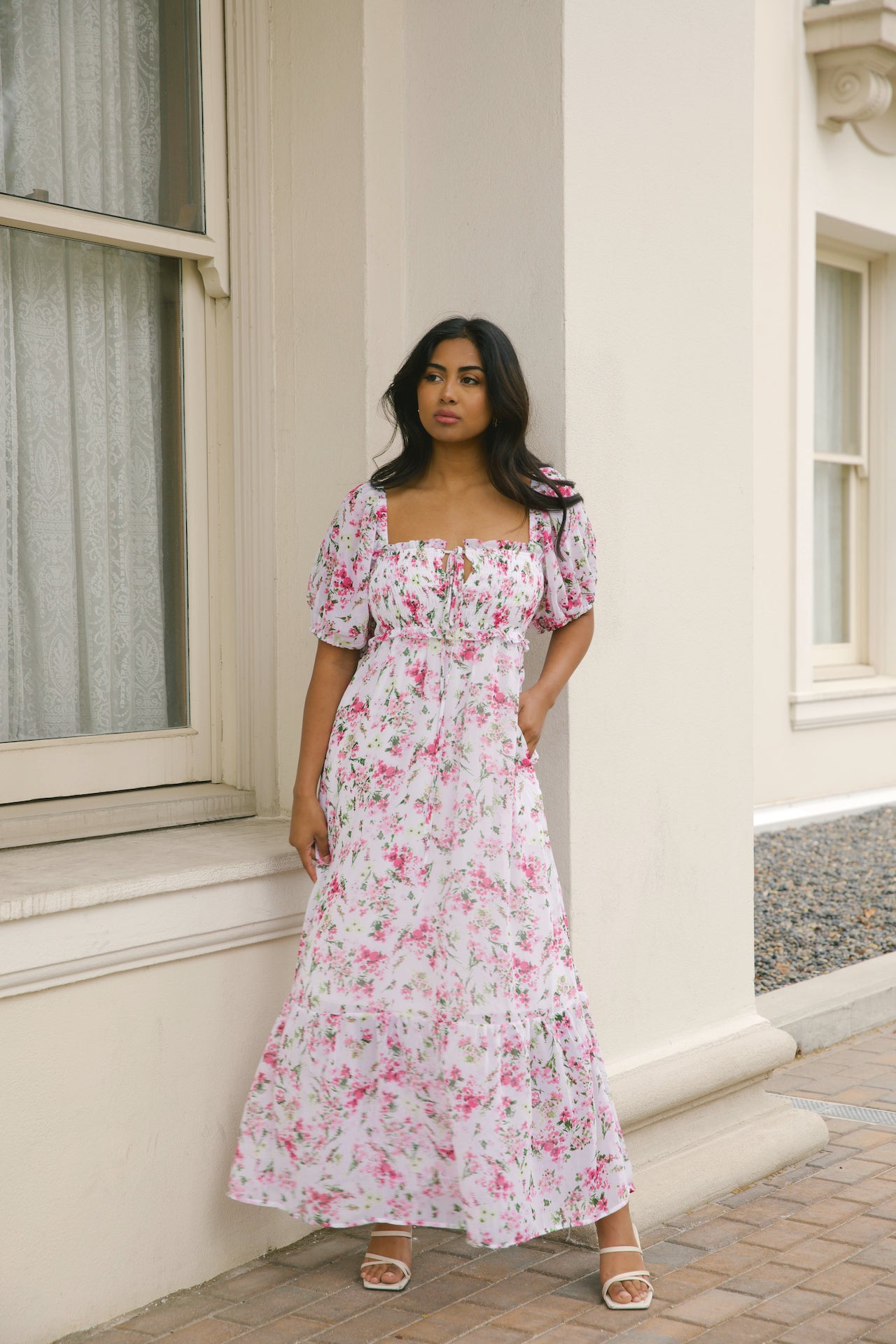 white and pink floral maxi dress with puff sleeves