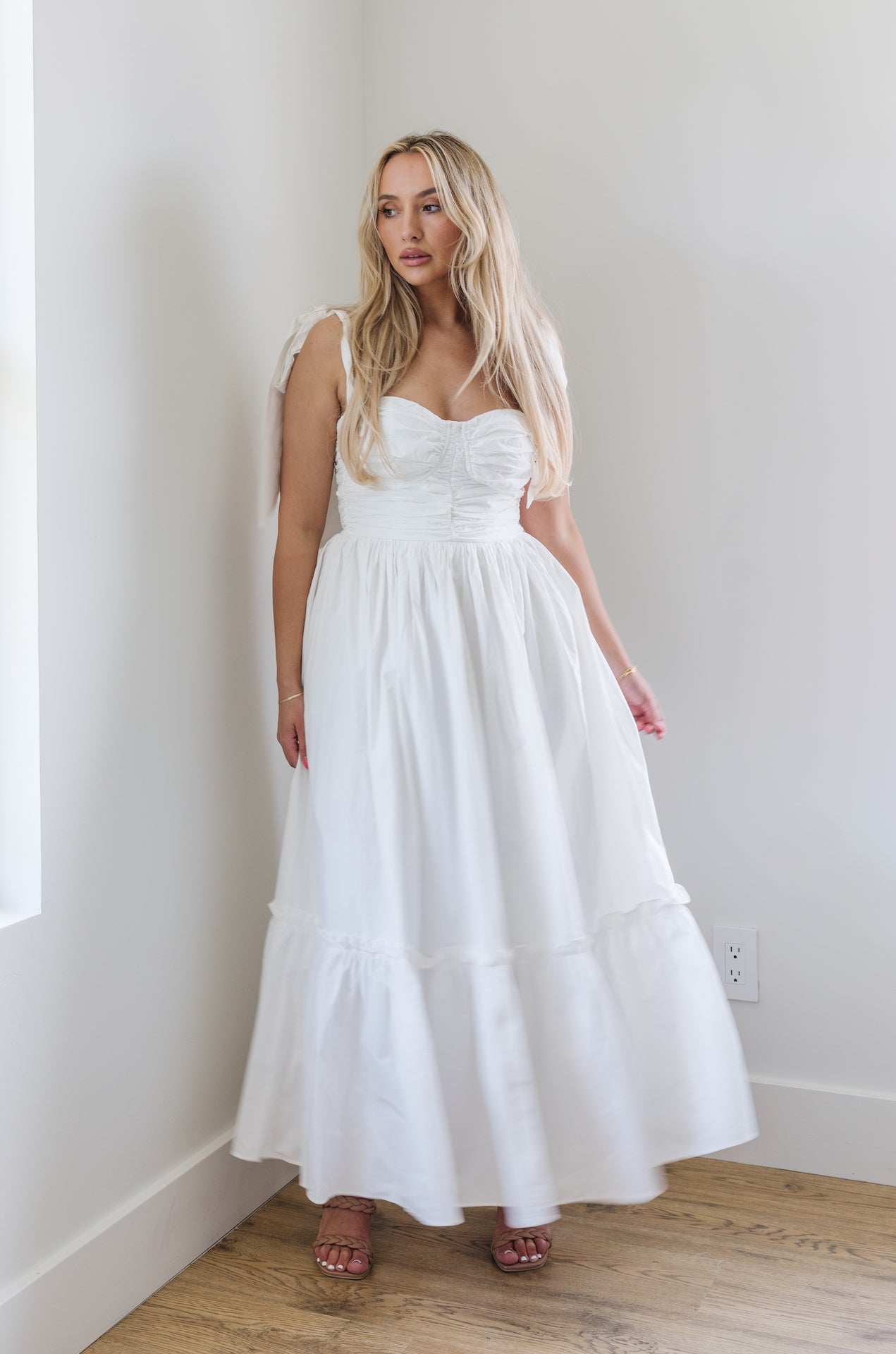 white midi poplin dress with bow on shoulders