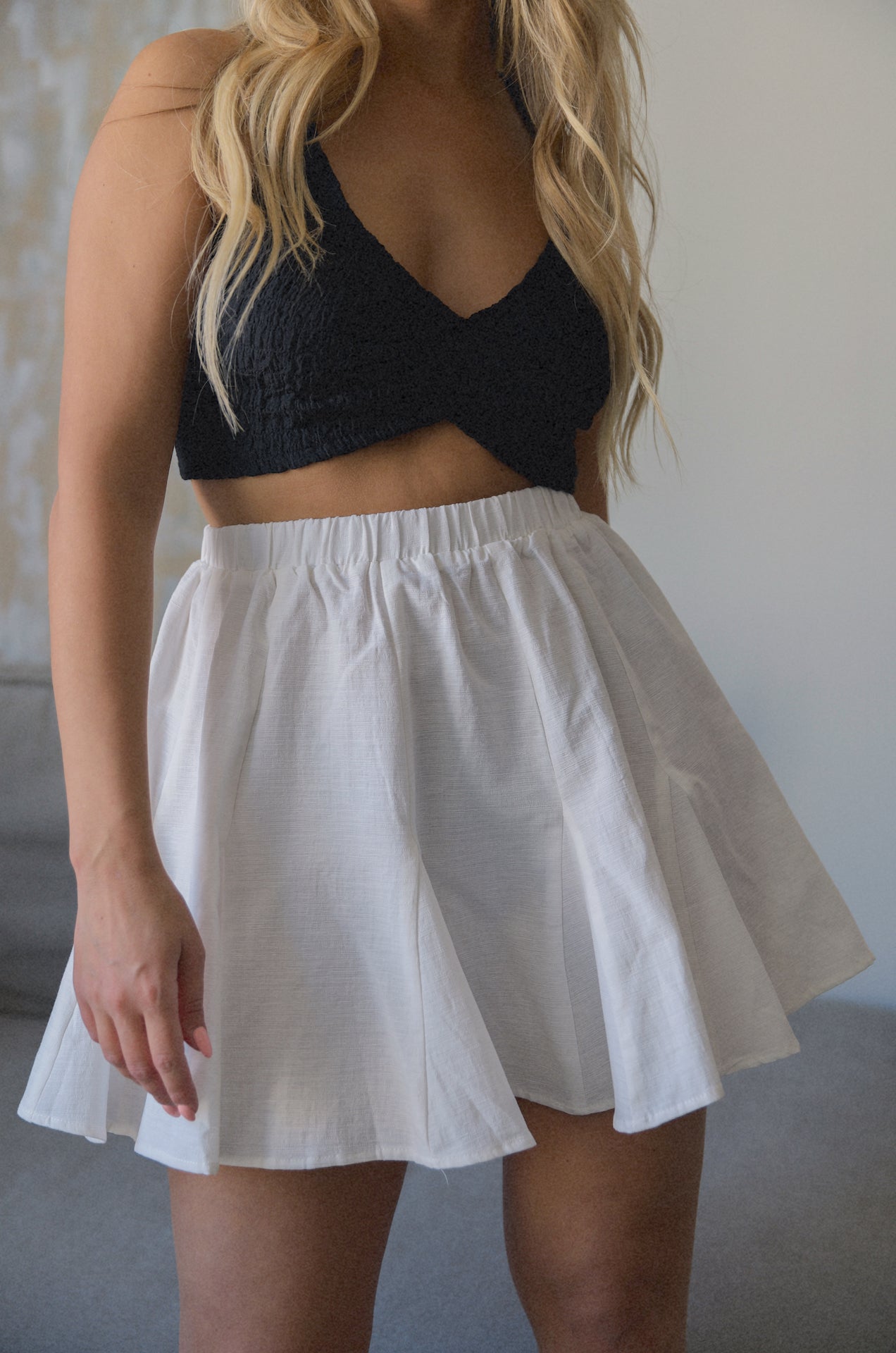 white high waist linen mini skirt