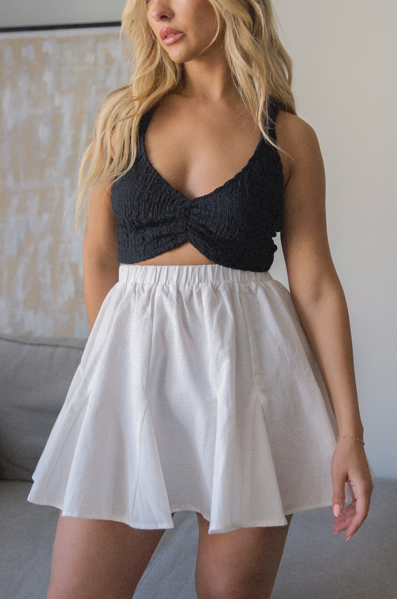 white high waist linen mini skirt