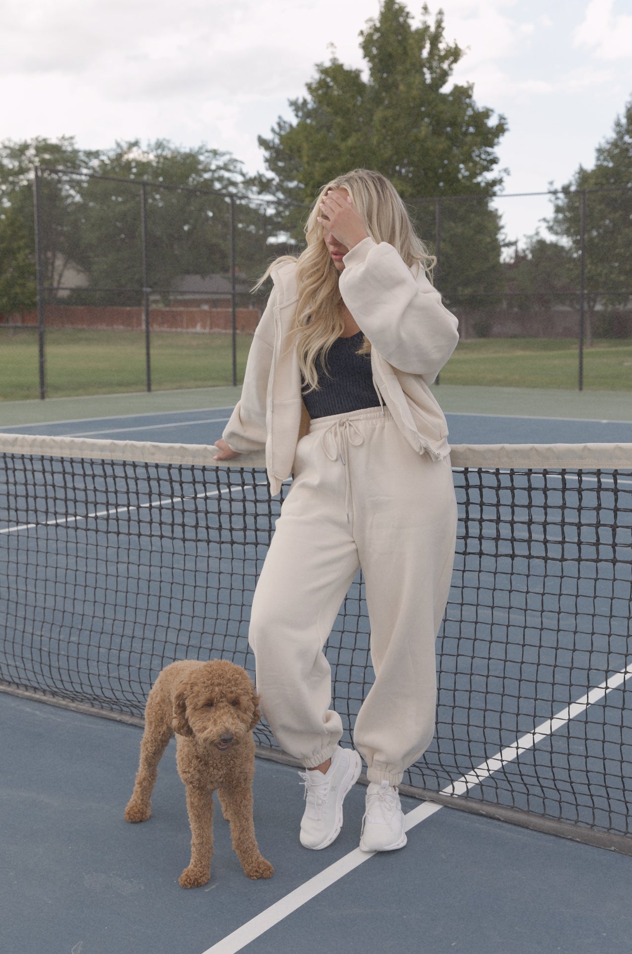 cream two piece hoodie sweatshirt and fleece sweatpants set