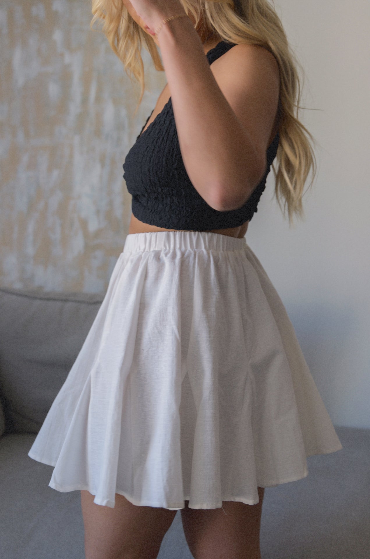 white high waist linen mini skirt