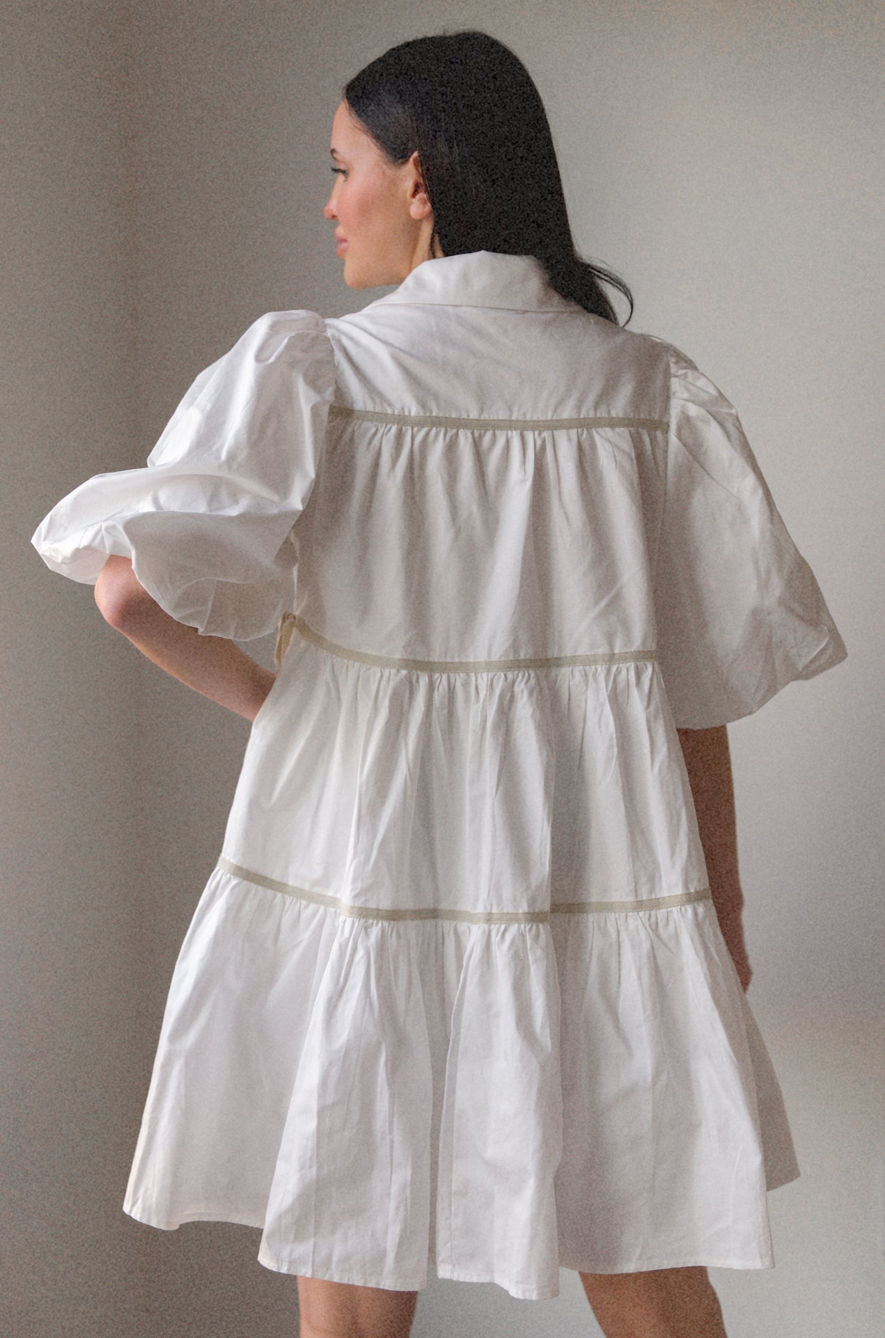 white puff sleeve tiered babydoll mini dress