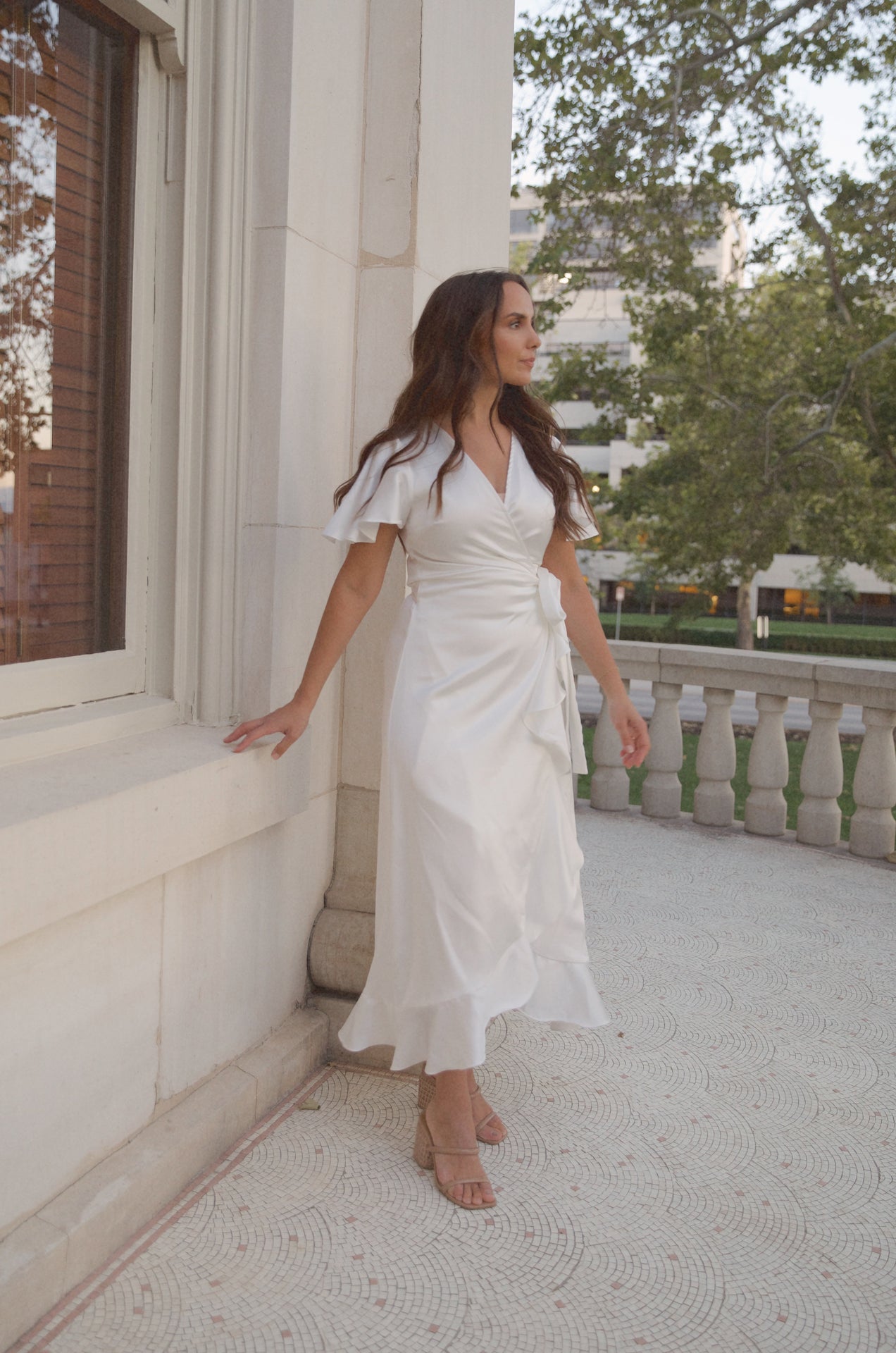 wrap white satin midi dress with flutter sleeves