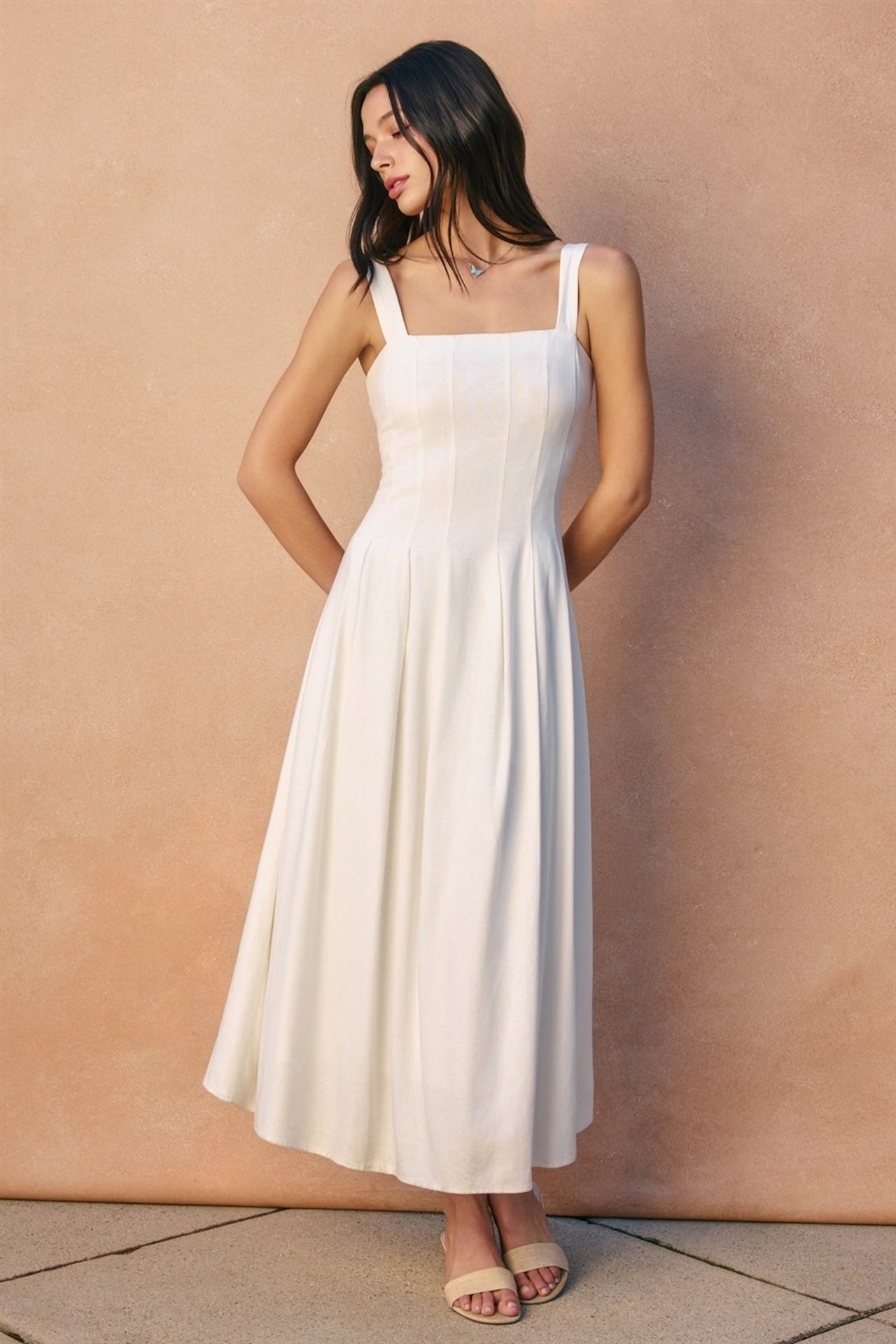 White Cotton Linen Blend Maxi Dress