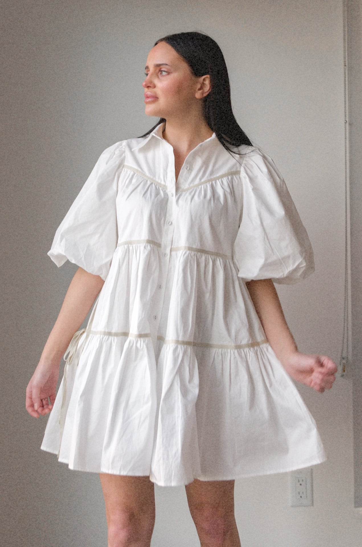 white puff sleeve tiered babydoll mini dress