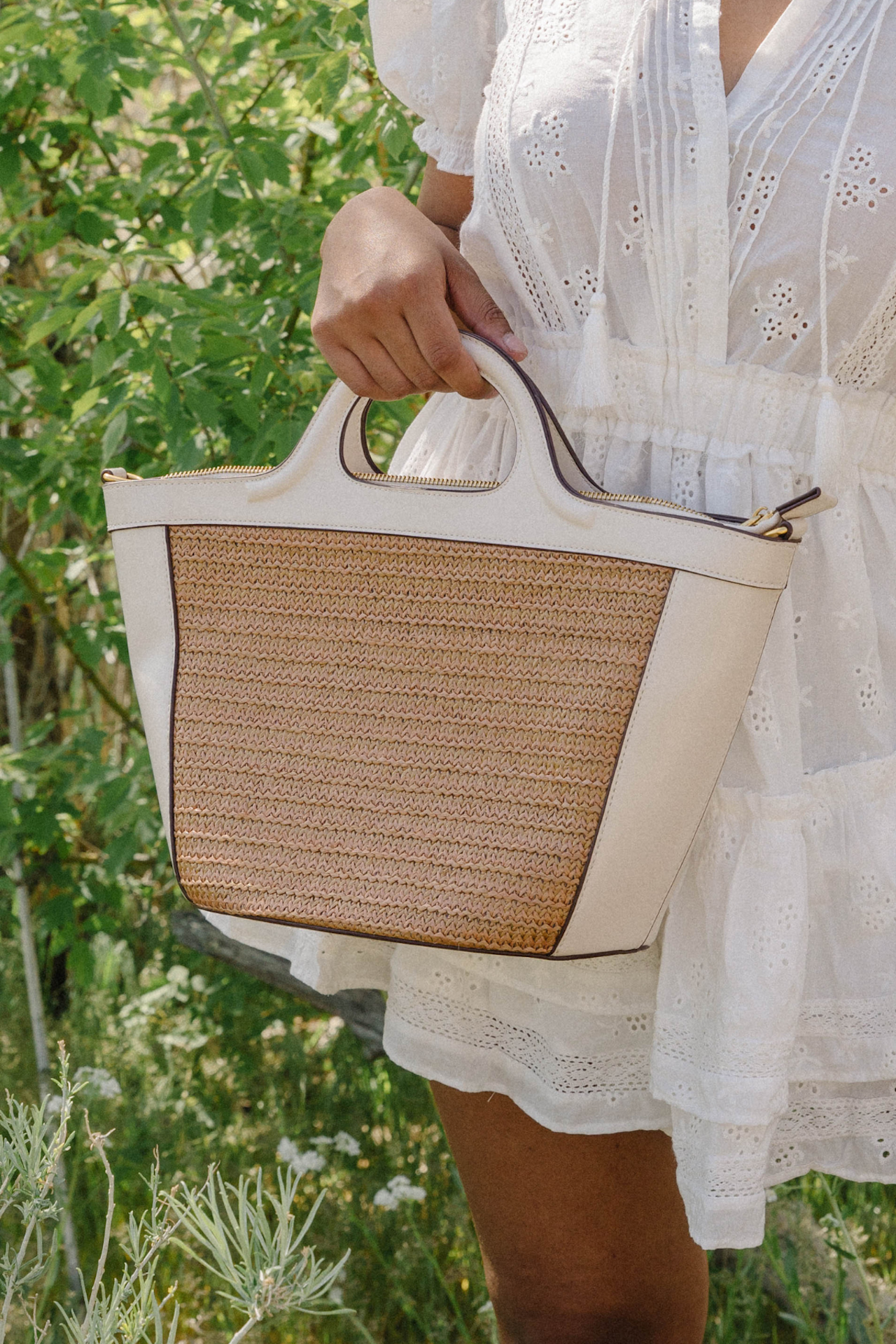 Raffia Ivory Vegan Leather Top Handle Bag