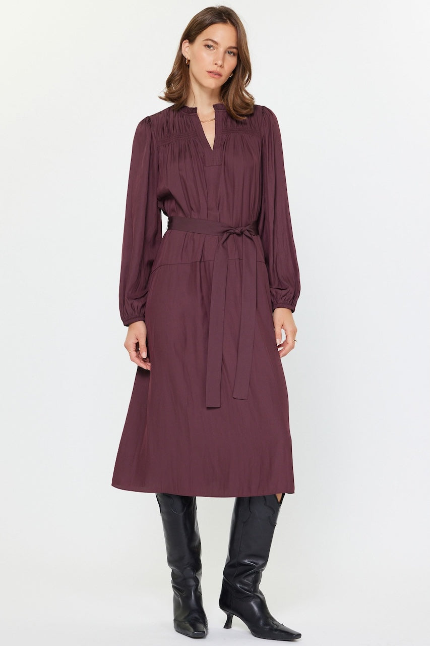 knee length dresses for ladies Wine Abstract Waist Tie Detail Long Sleeve Midi Dress – PinkBlush