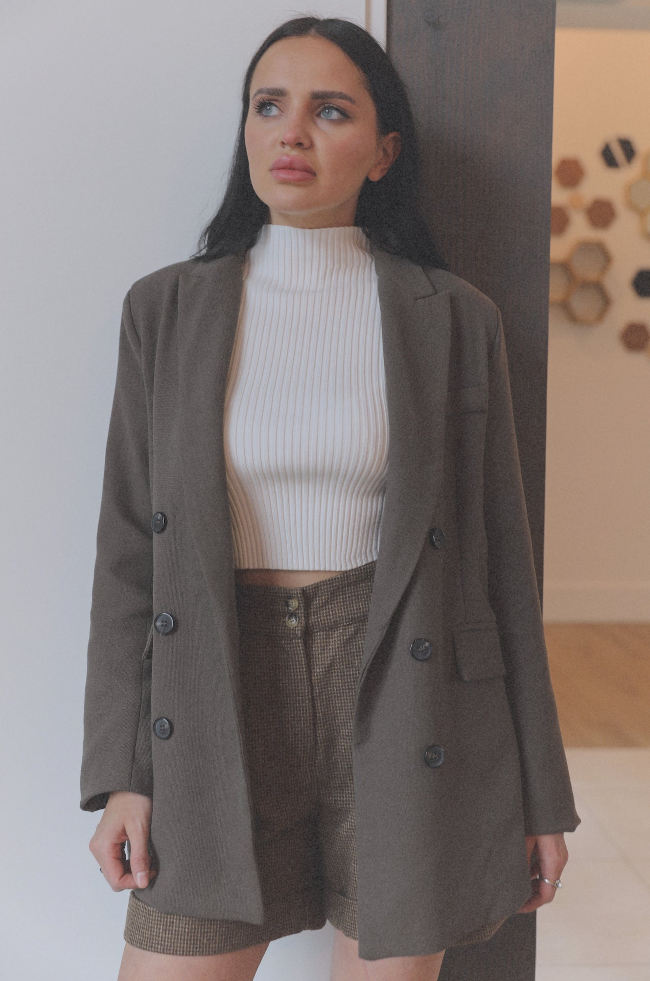brown double breasted oversized blazer