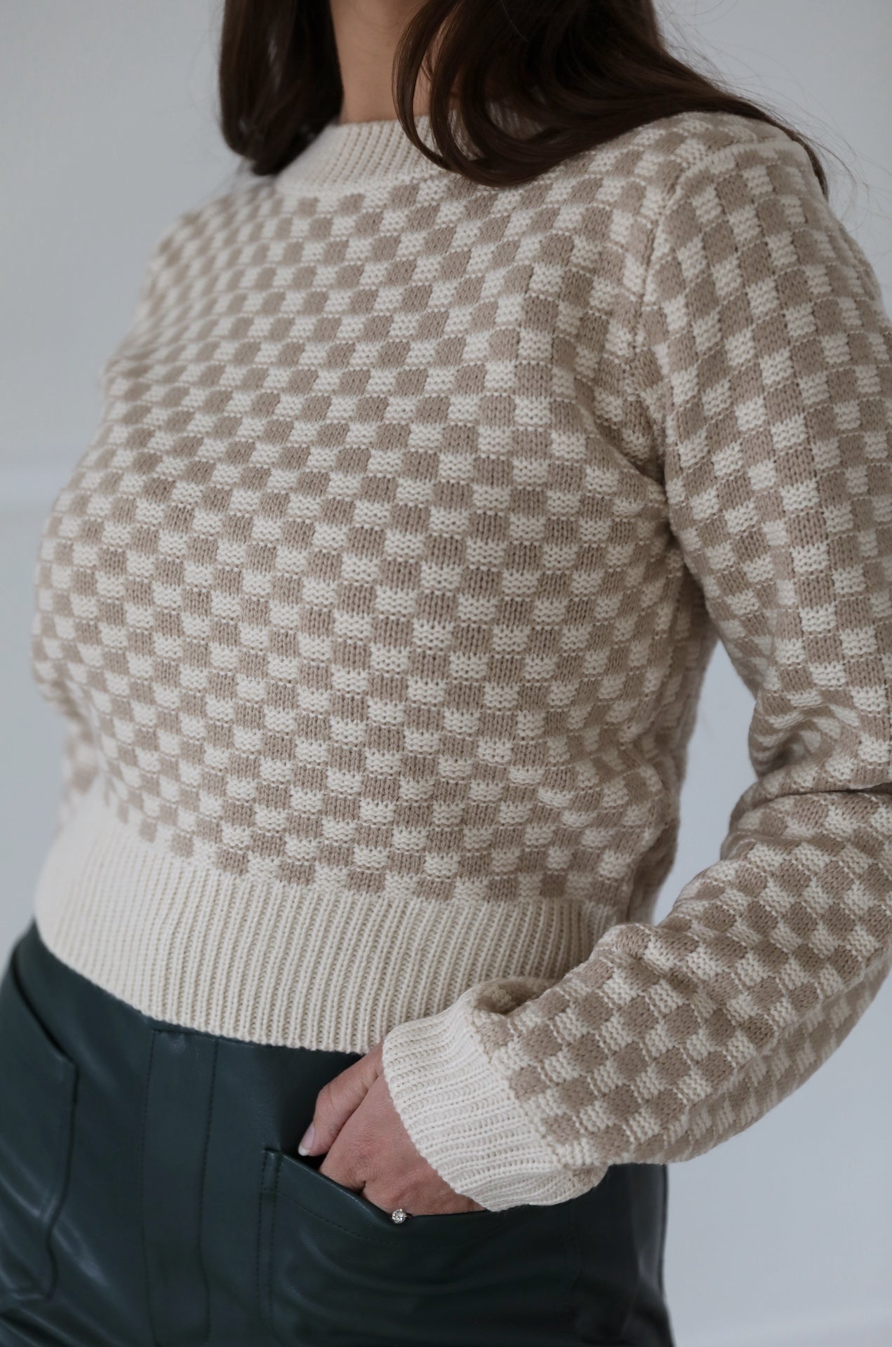 Taupe Gingham Sweater