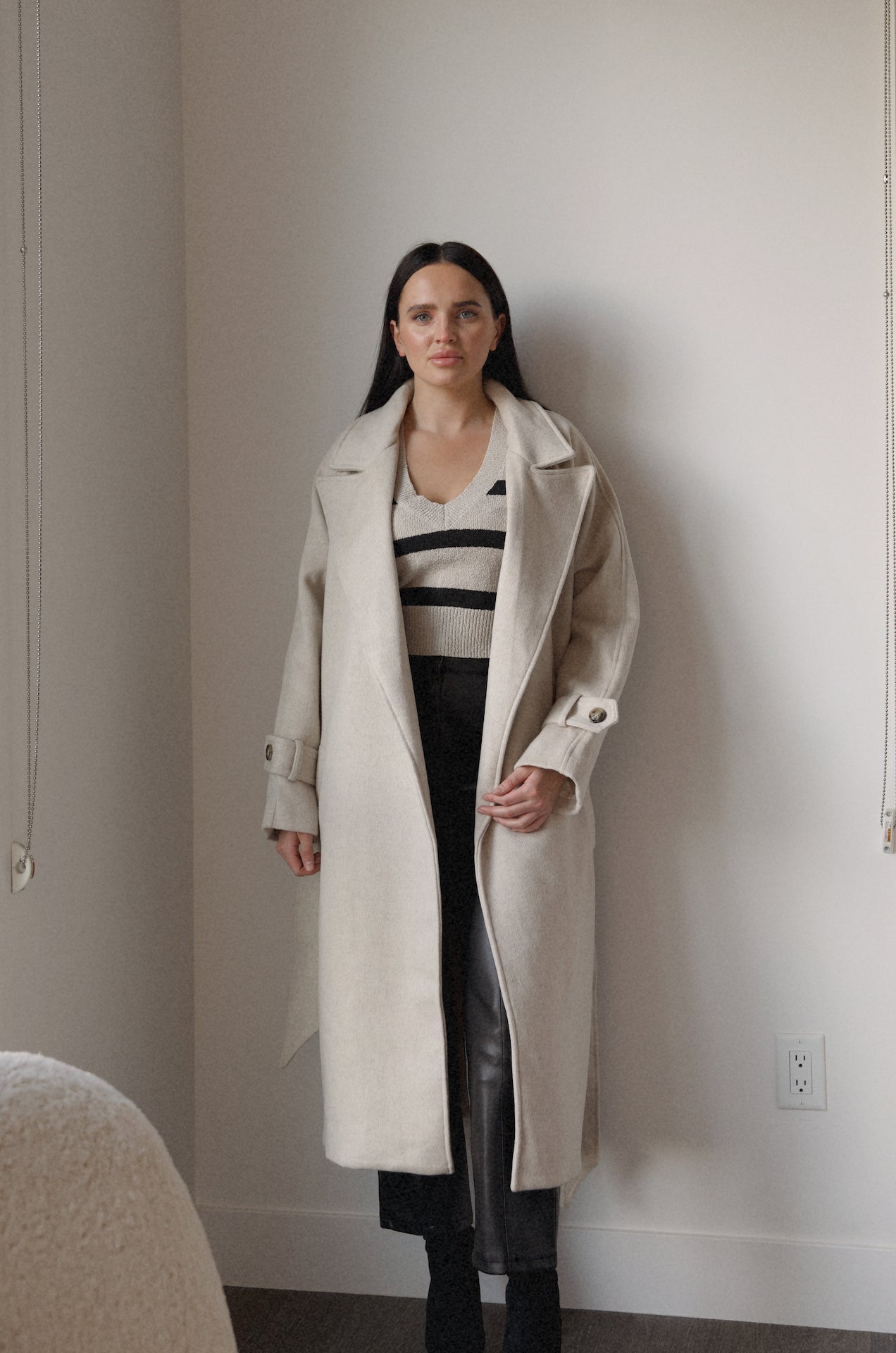 belted cream oversized wool blend coat