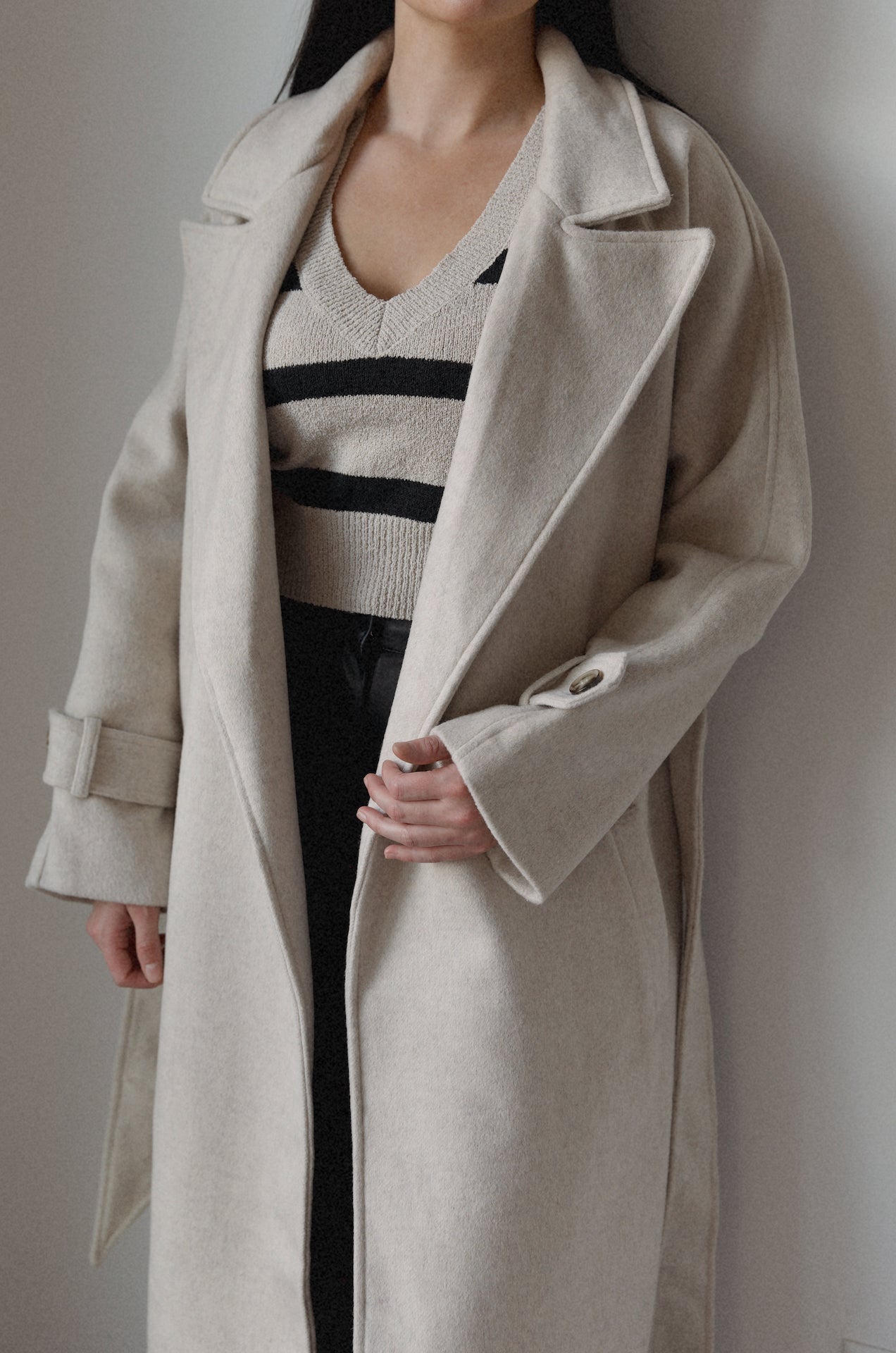 belted cream oversized wool blend coat