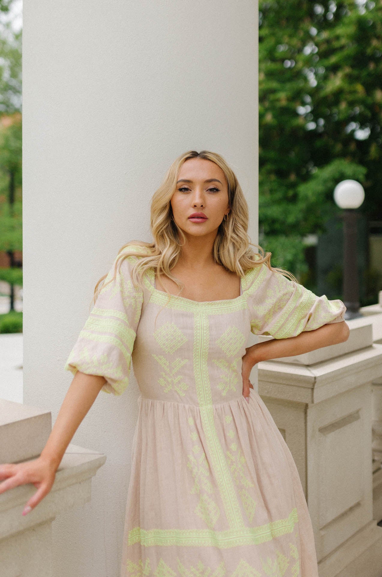 oatmeal with neon yellow embroidered midi dress