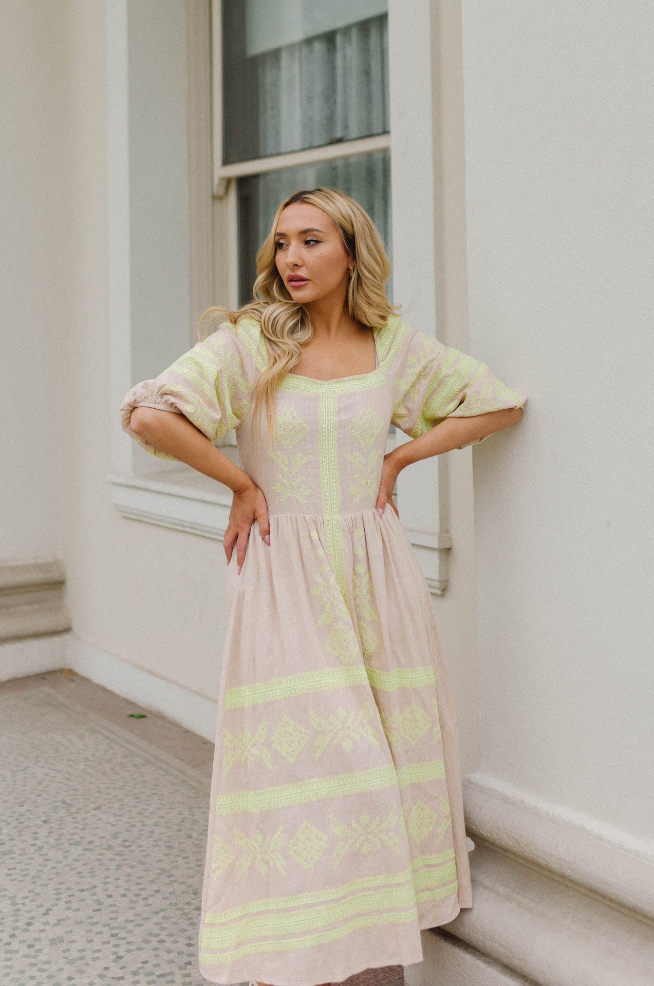 embroidered yellow neon midi dress