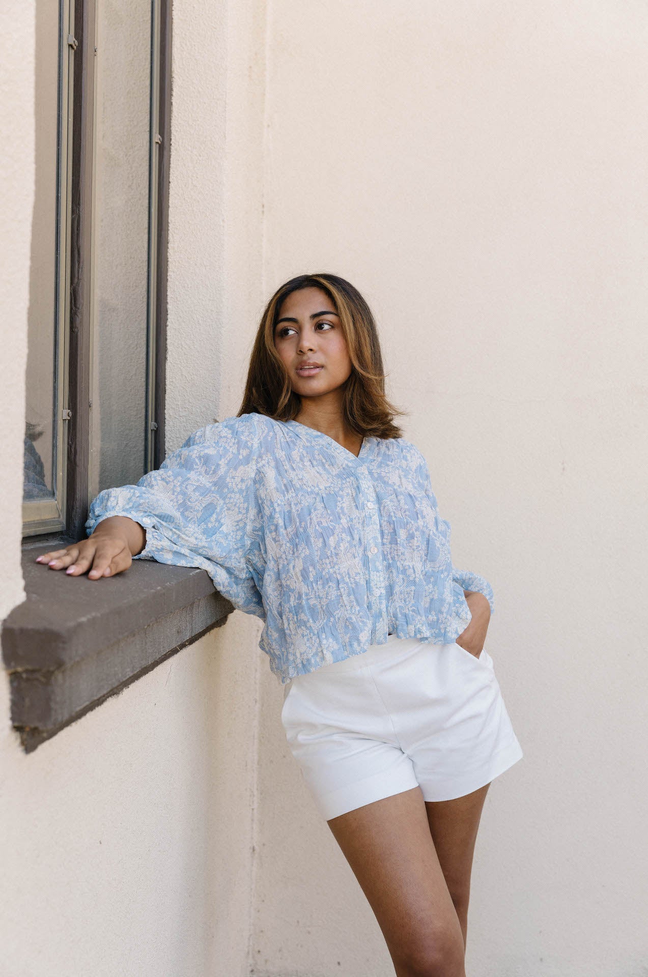 blue and white floral top