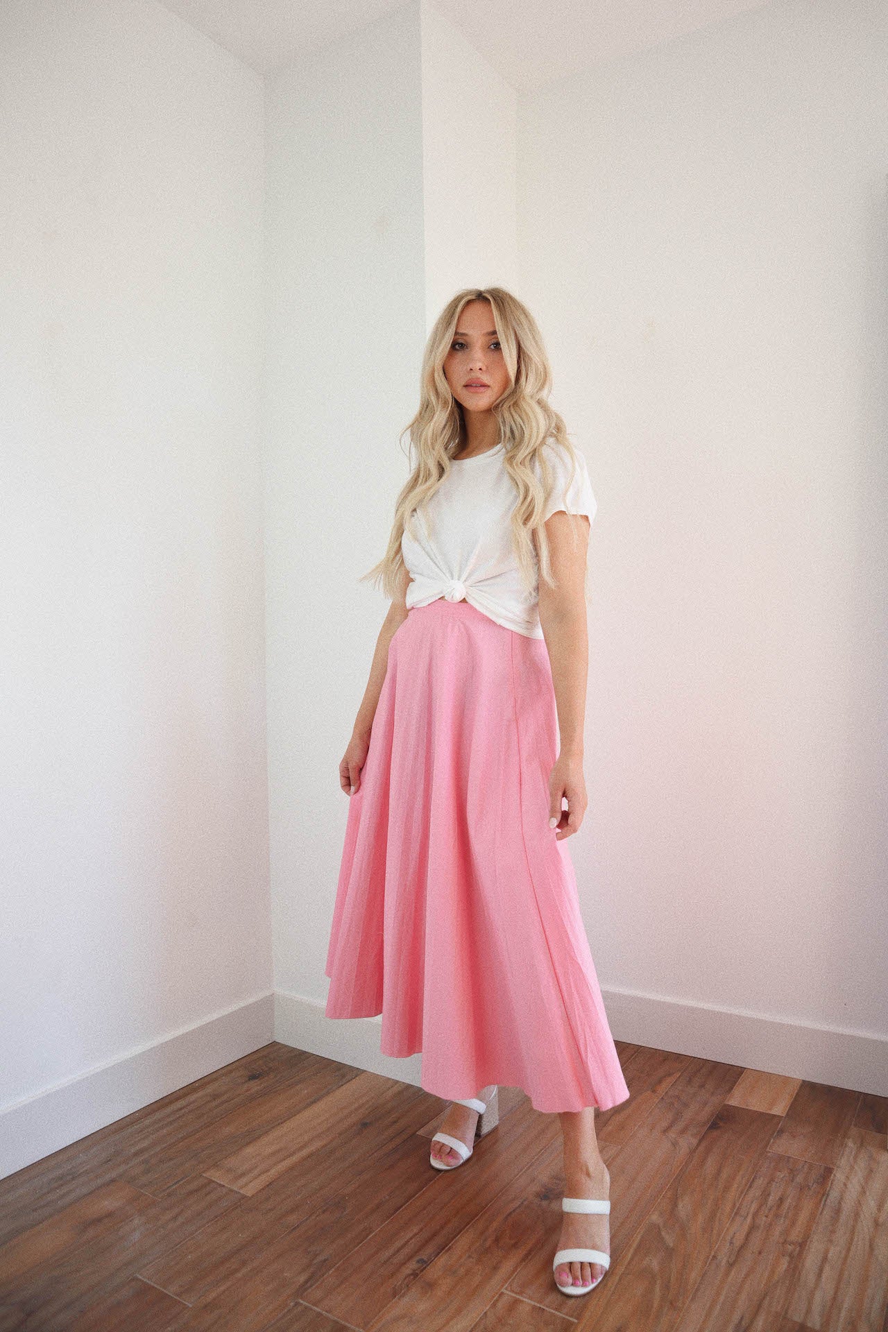 Bubblegum Pink Pleated Midi Skirt