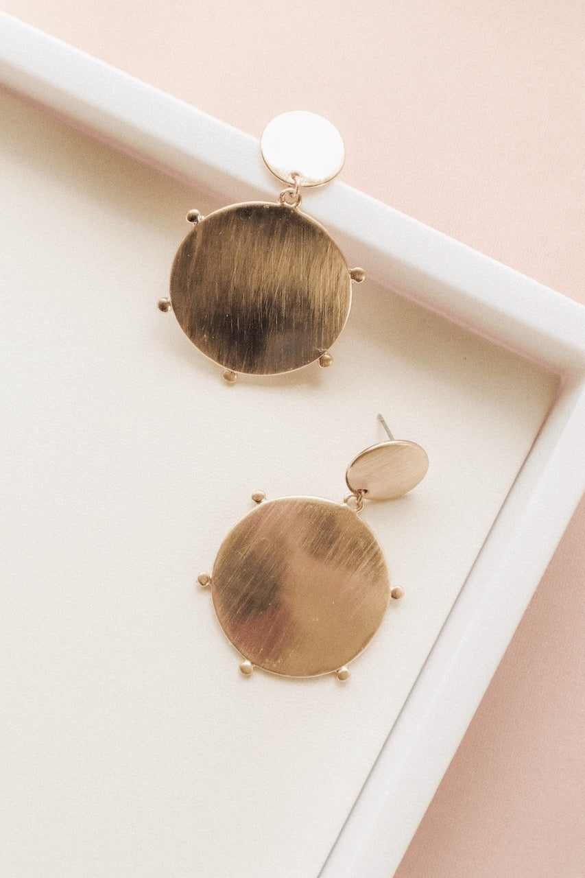 Gold Circle Disc Drop Earrings