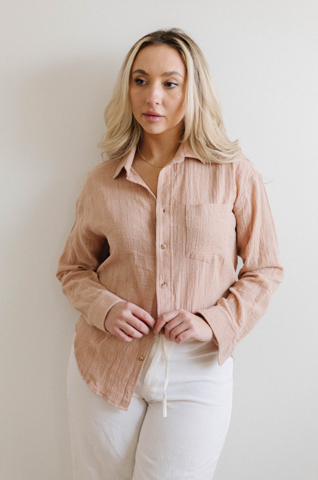 long sleeve taupe nude crinkle gauzy button down shirt