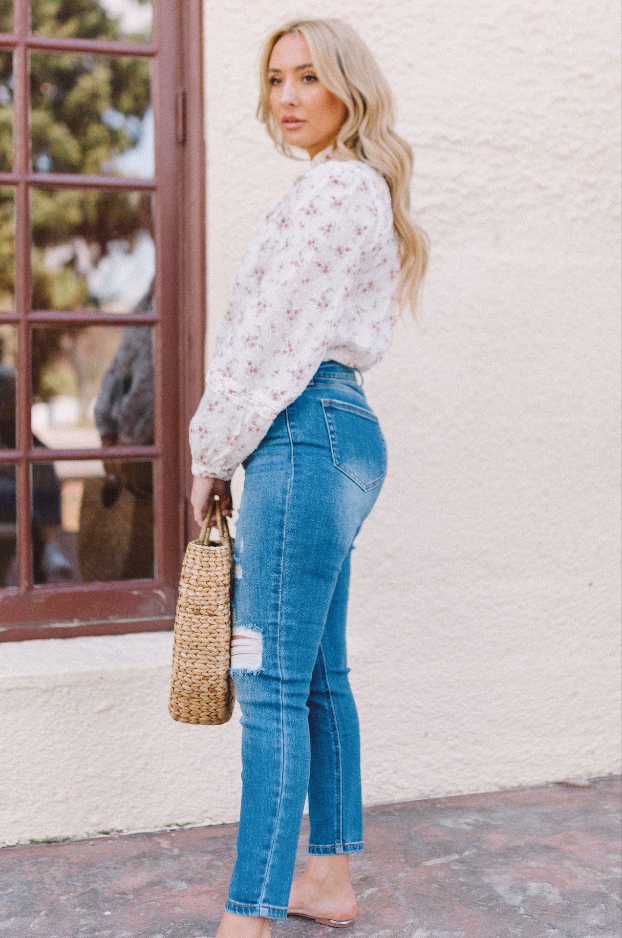 blue distressed high waist skinny jeans
