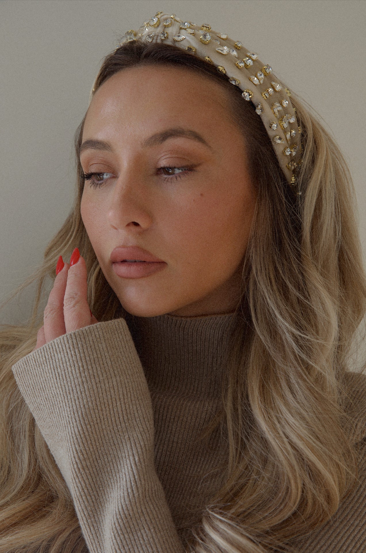 beige jeweled crystal rhinestone velvet top knot headband