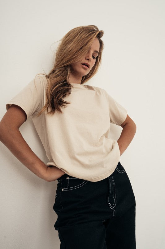 womens basic cotton tee in a sand color fabric