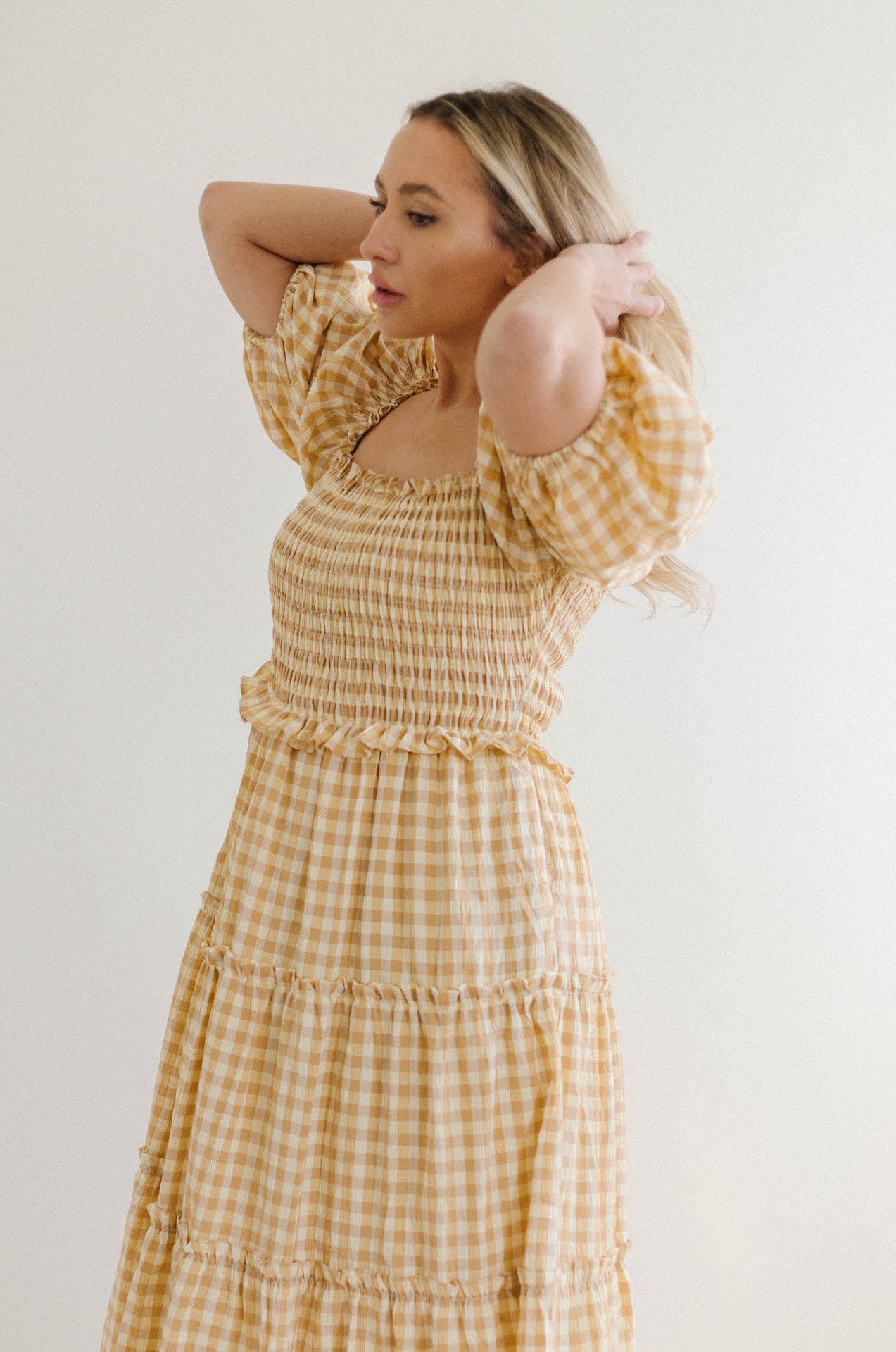 mustard gingham puff sleeve maxi tiered dress