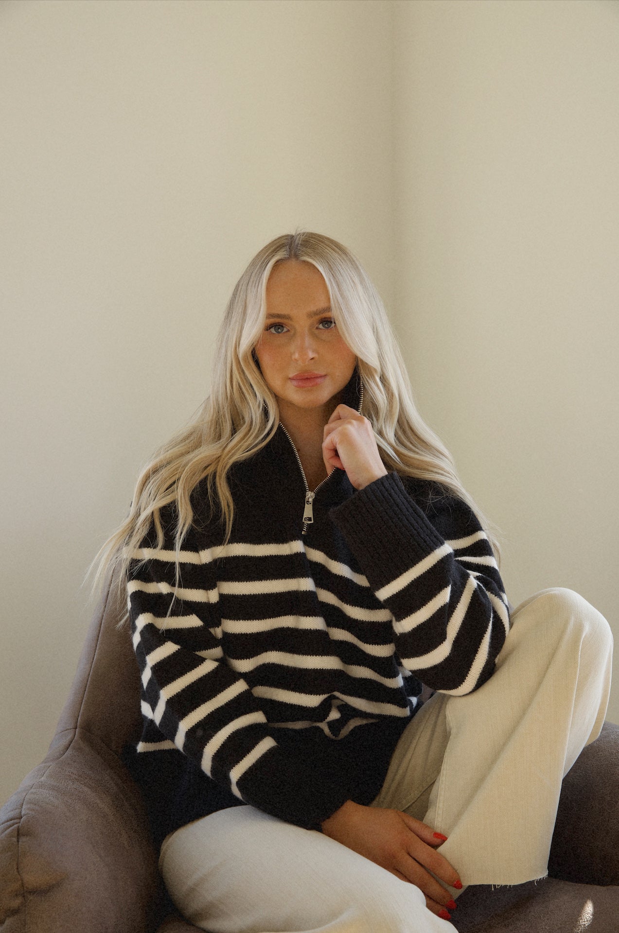 knitted black and white striped half zip sweater