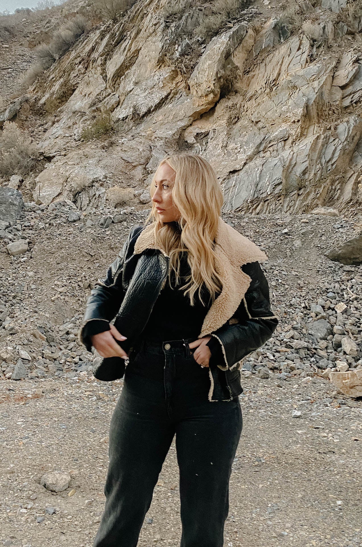 womens black faux leather biker jacket with shearling trim and interior