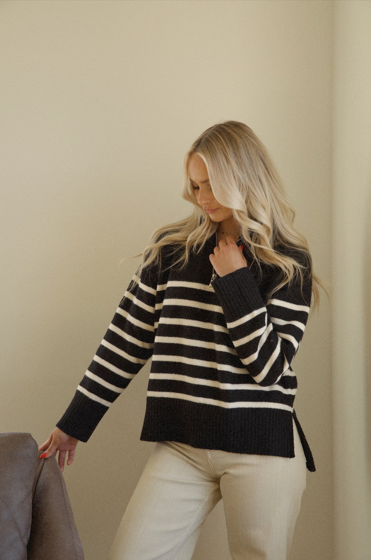 knitted black and white striped half zip sweater