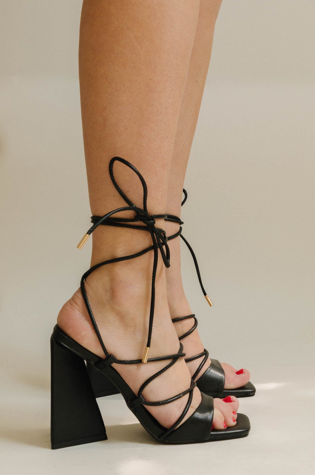 Black Lace Up Heels Block Heel Sandals