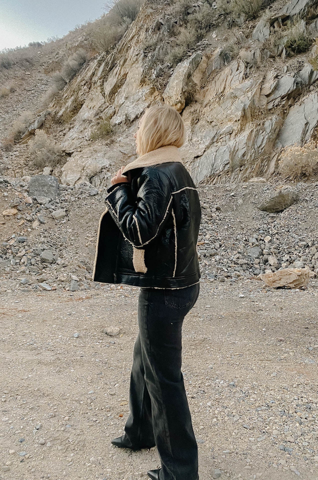 womens black faux leather biker jacket with shearling trim and interior