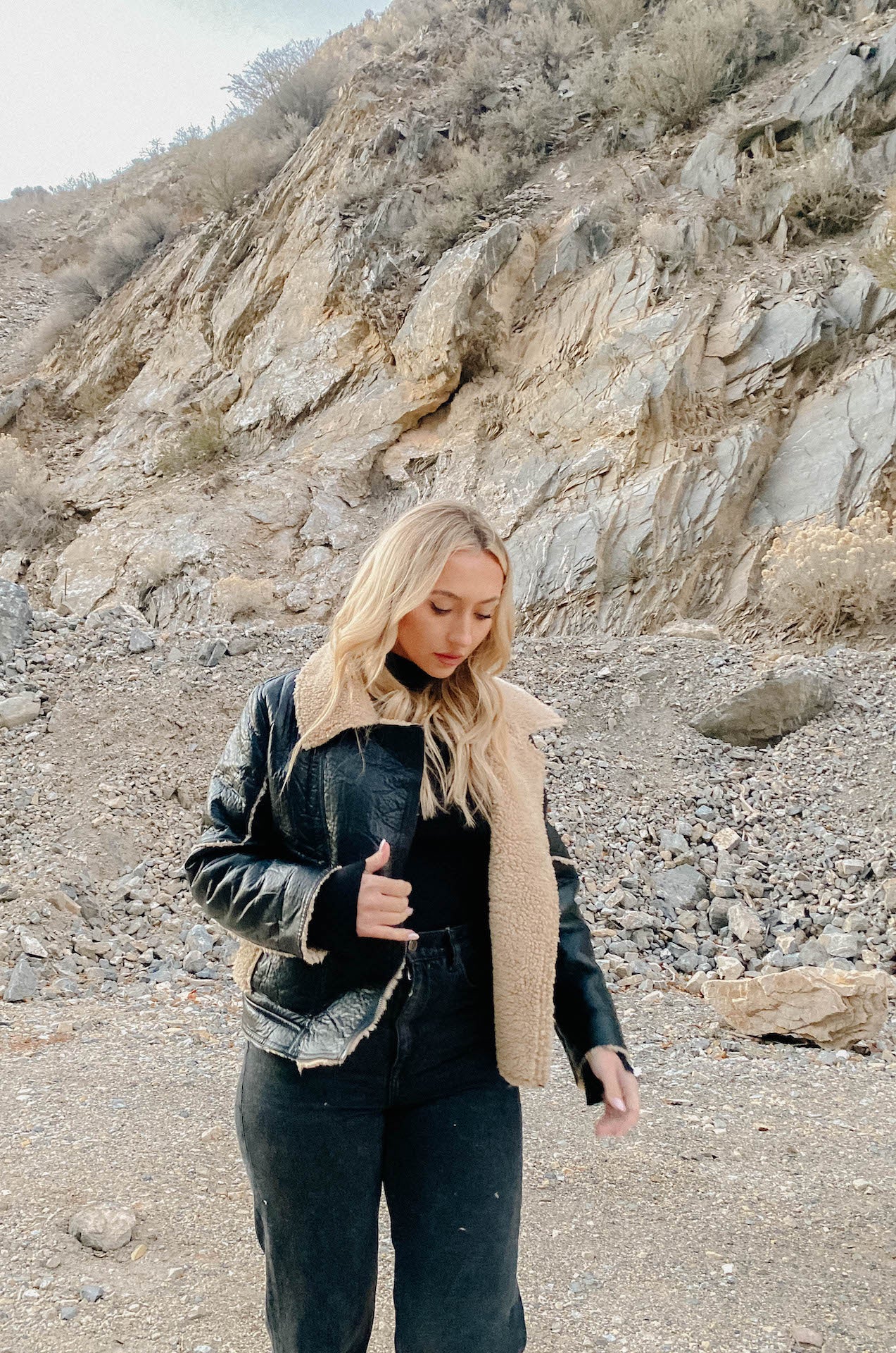 womens black faux leather biker jacket with shearling trim and interior