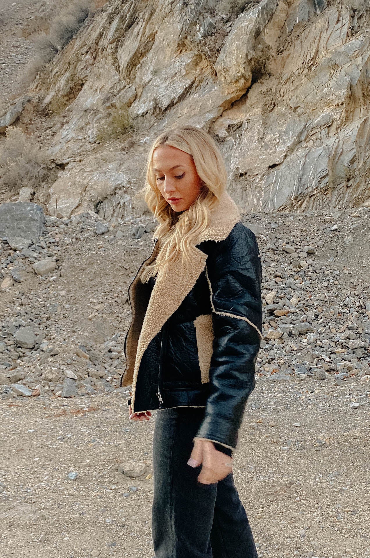 womens black faux leather biker jacket with shearling trim and interior