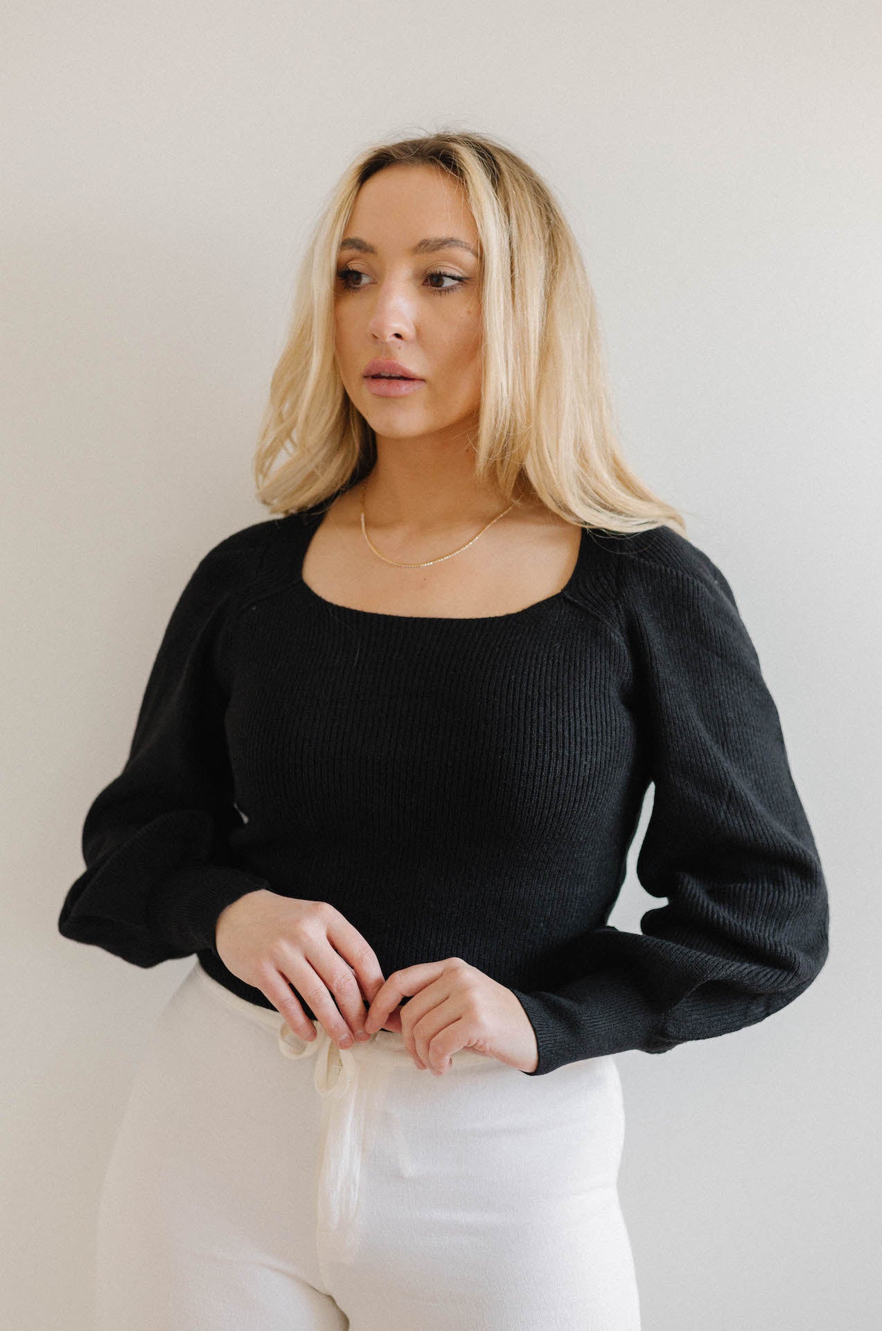 black ribbed square neckline sweater