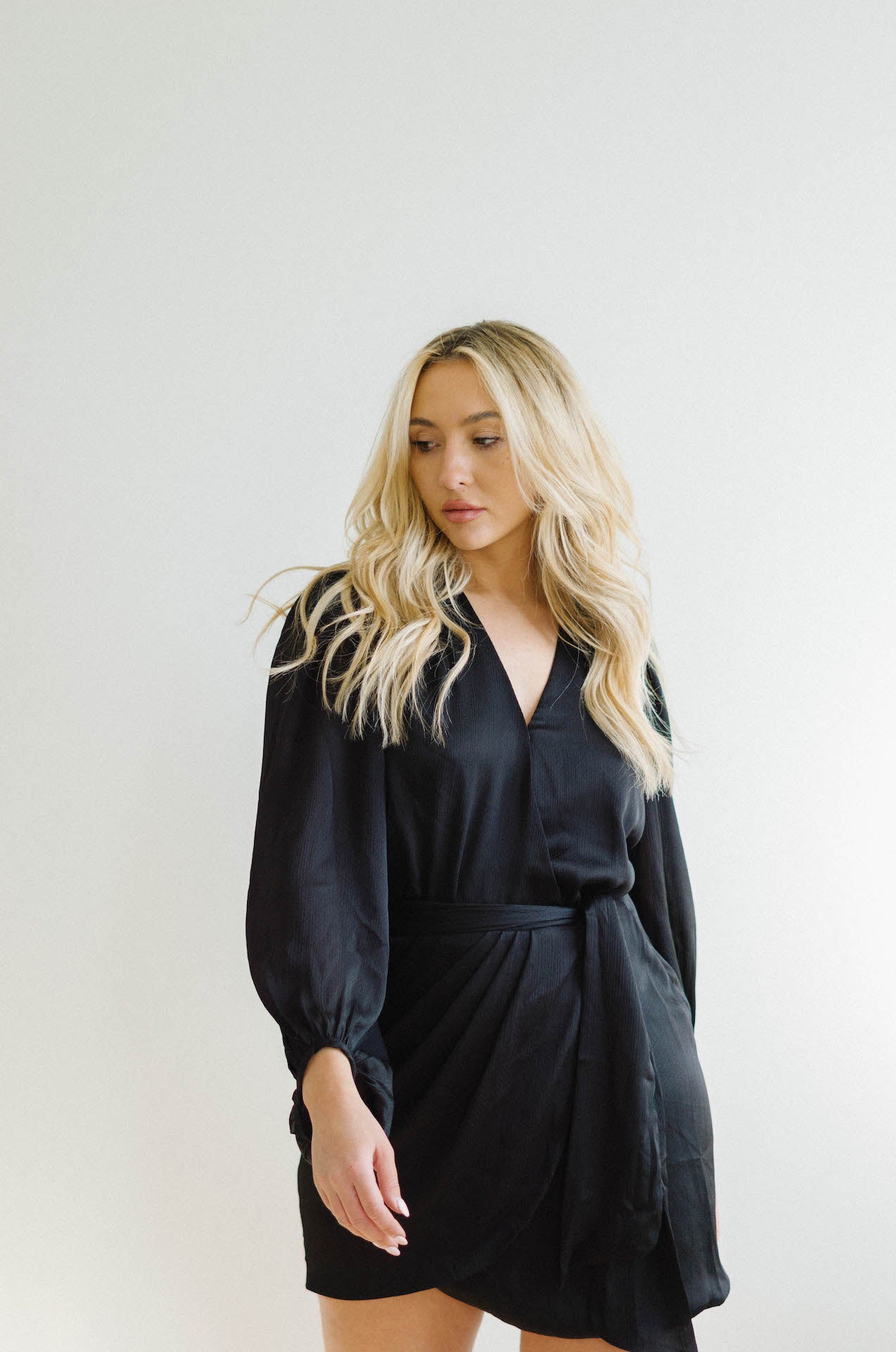 sexy black wrap mini dress with long sleeves