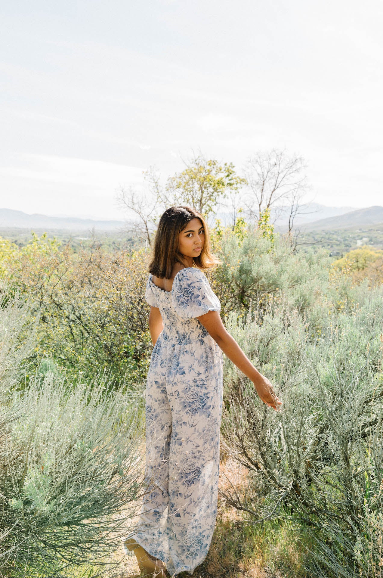 blue floral print puff sleeve jumpsuit