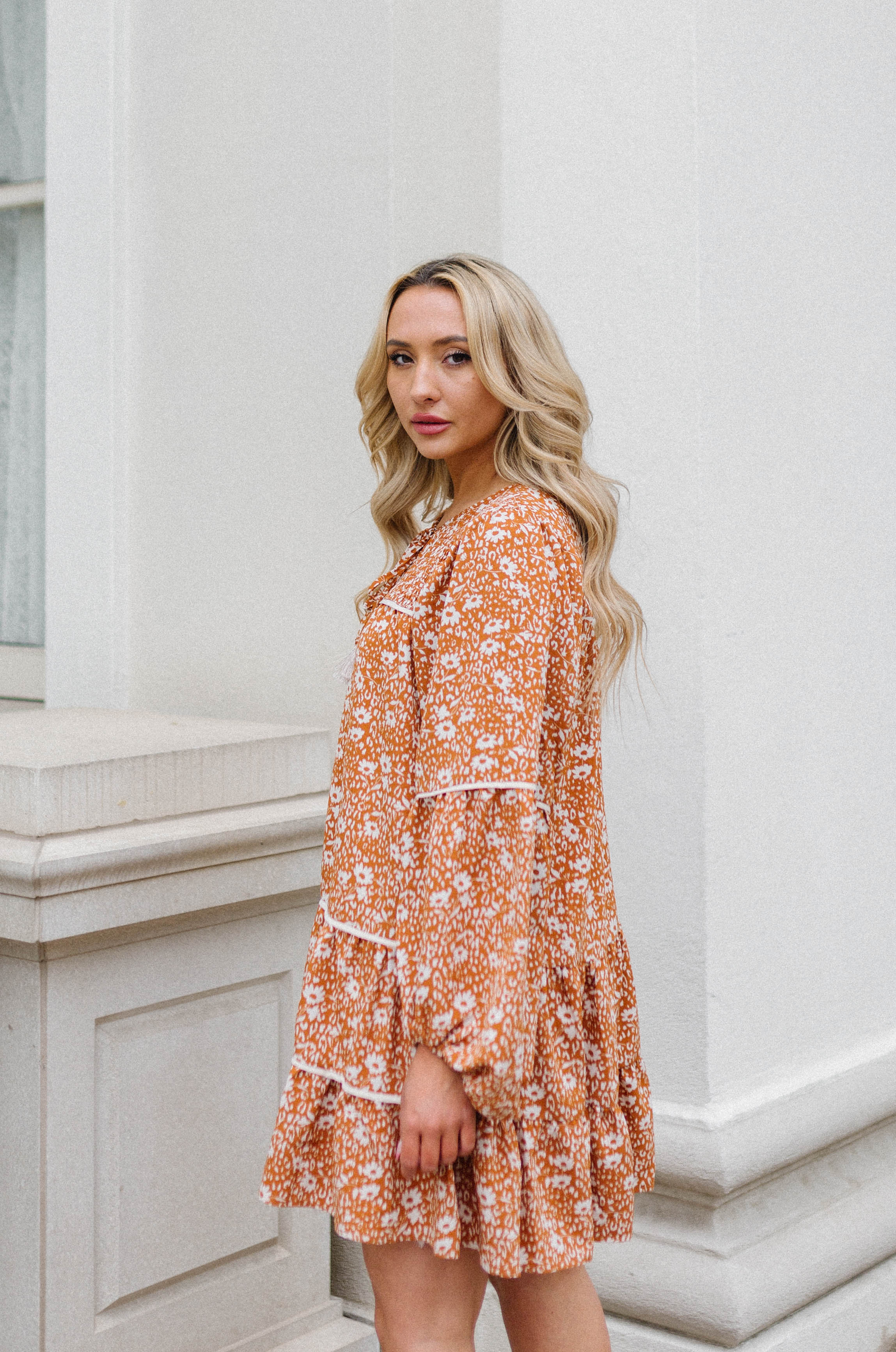 burnt orange floral mini dress
