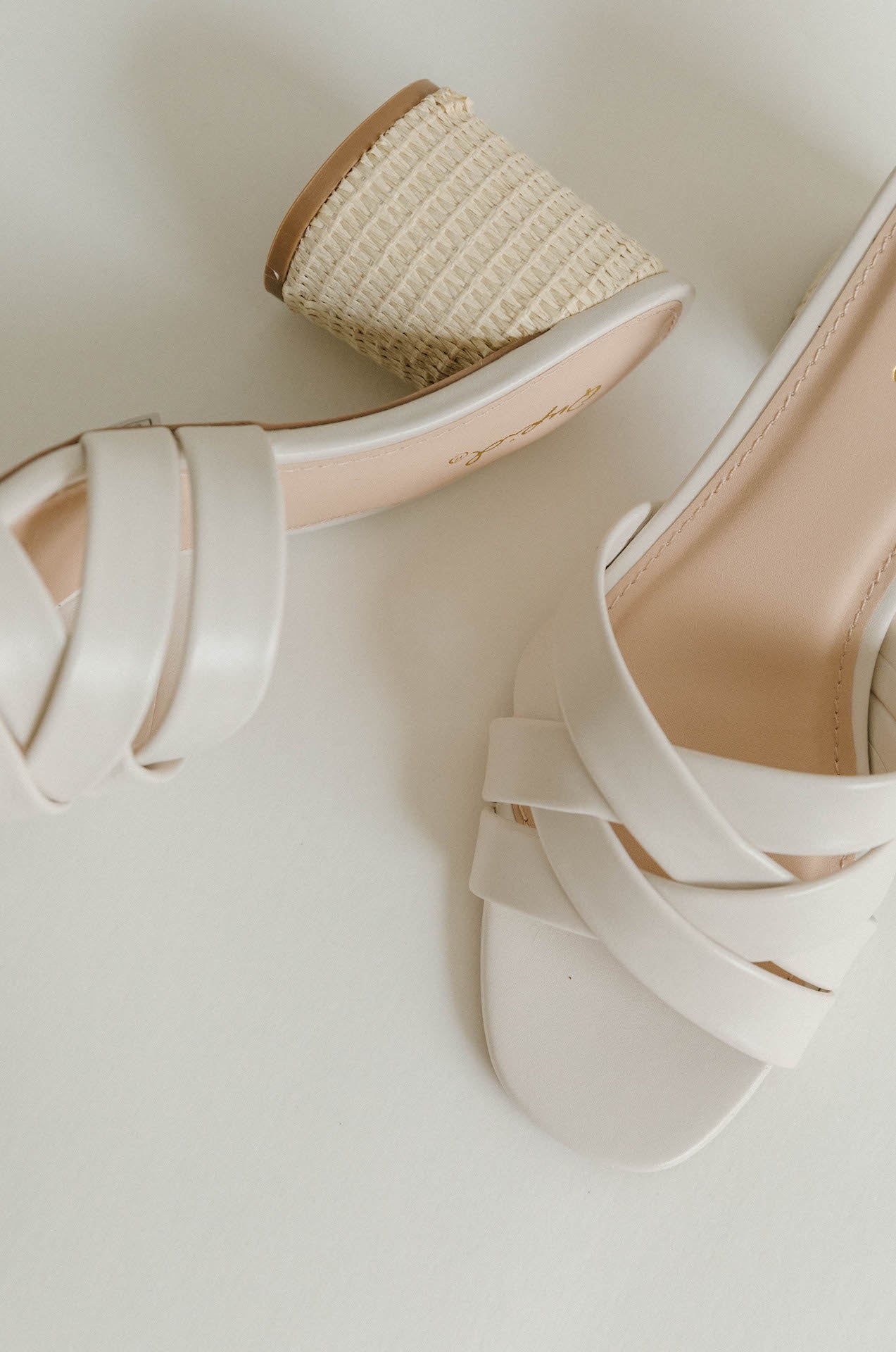 white braided wicker heels