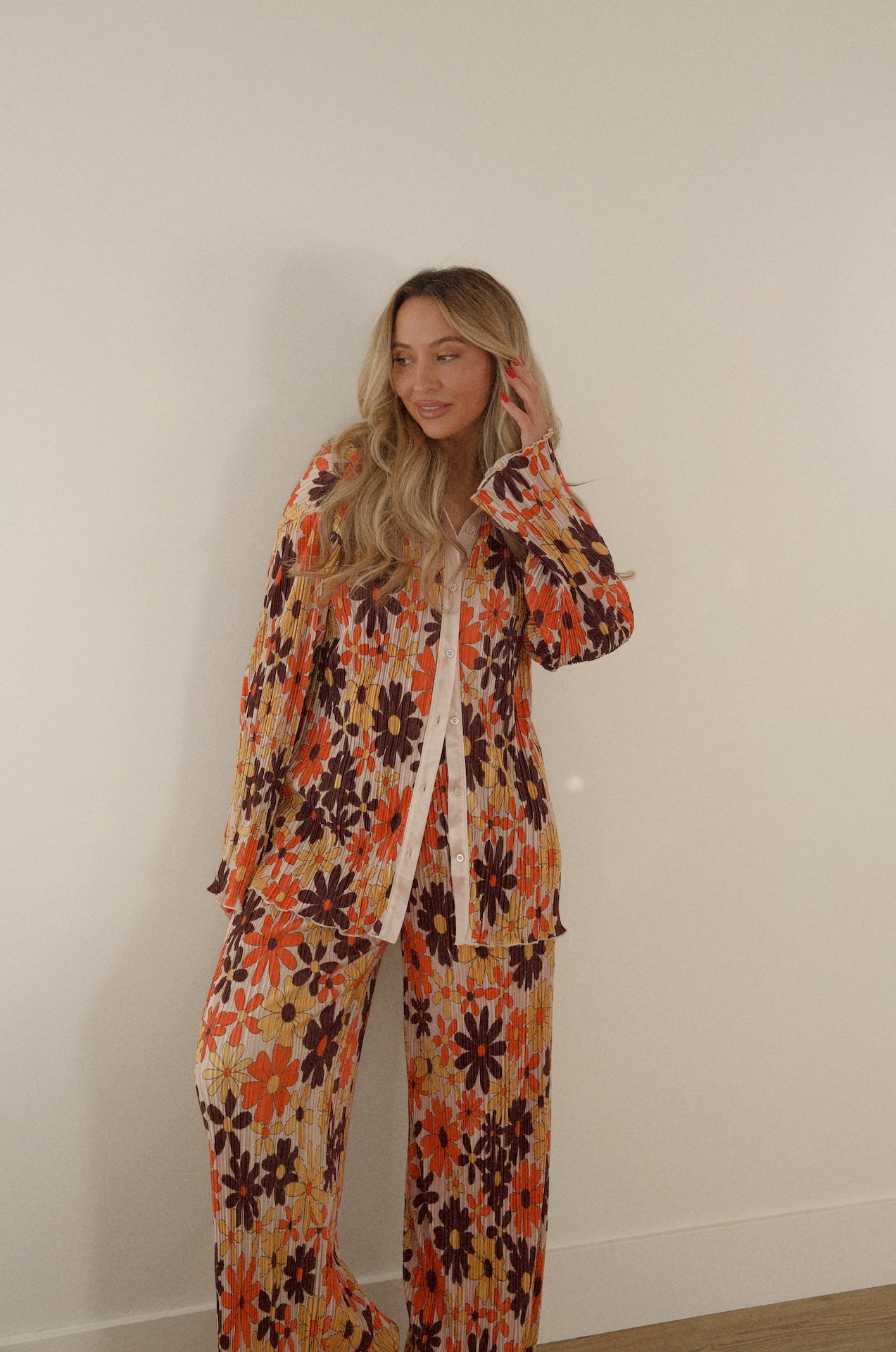 floral plisse set with long sleeve button down and pants